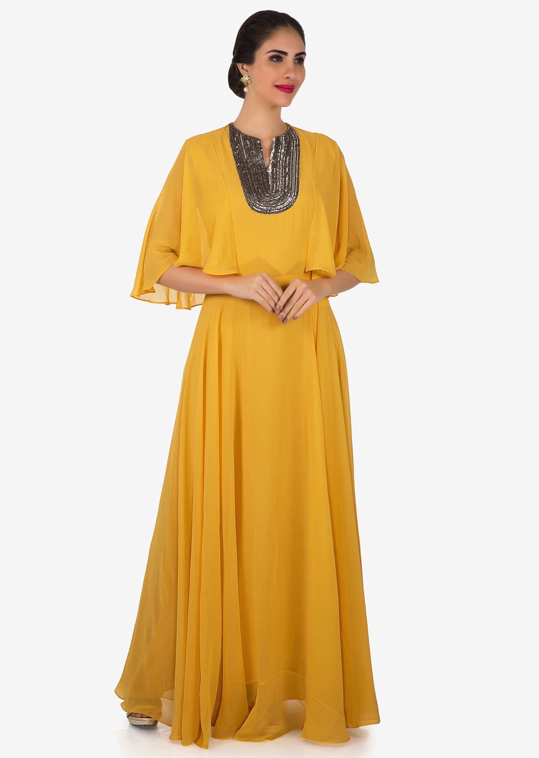 Yellow georgette dress Styled with Sequins and Cut Dana only on Kalki
