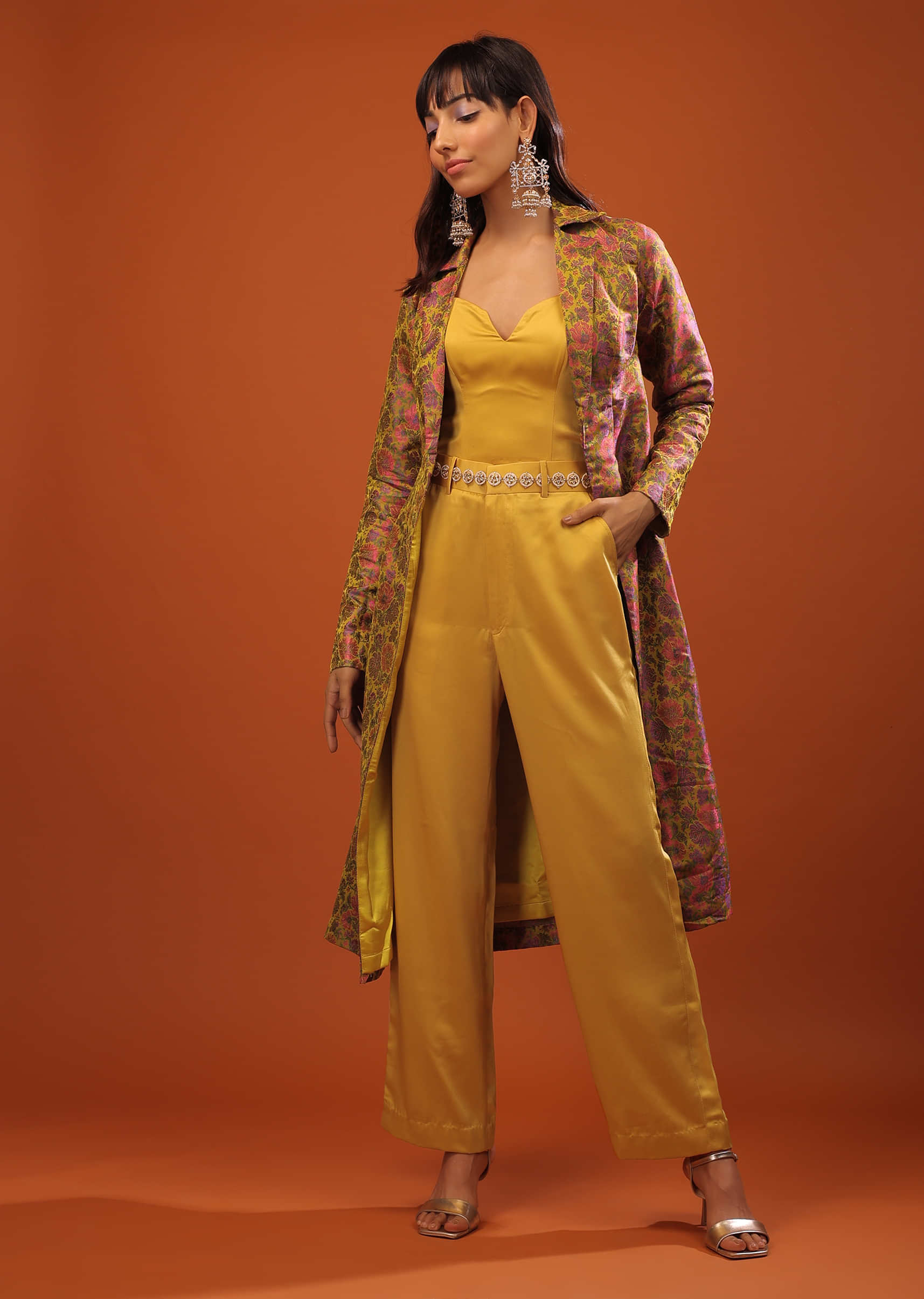 Yellow Gold Three-Piece Suit Made With Milano Silk And Floral Banarasi Brocade