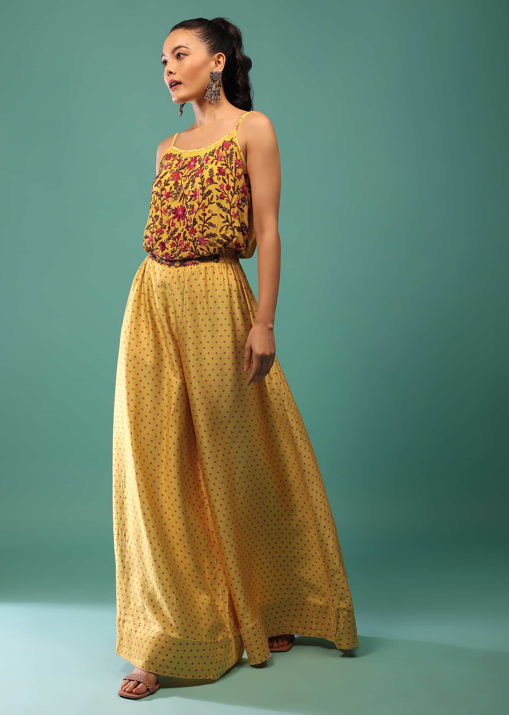Yellow Jumpsuit With Thread, Sequins And A Floral Print
