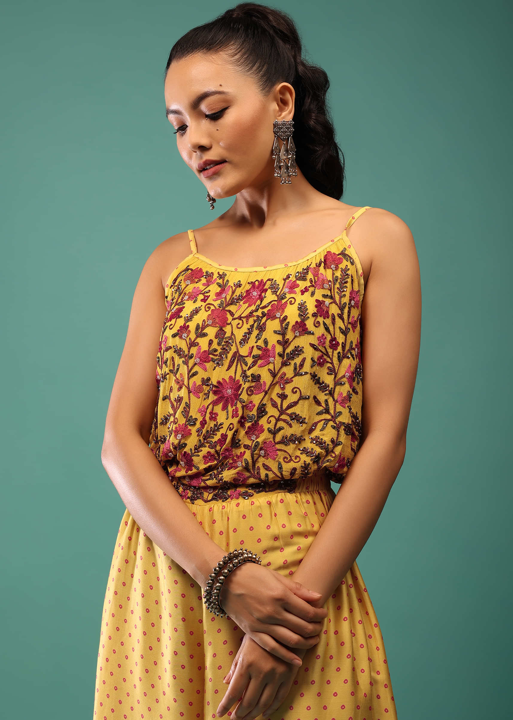 Yellow Jumpsuit With Thread, Sequins And A Floral Print