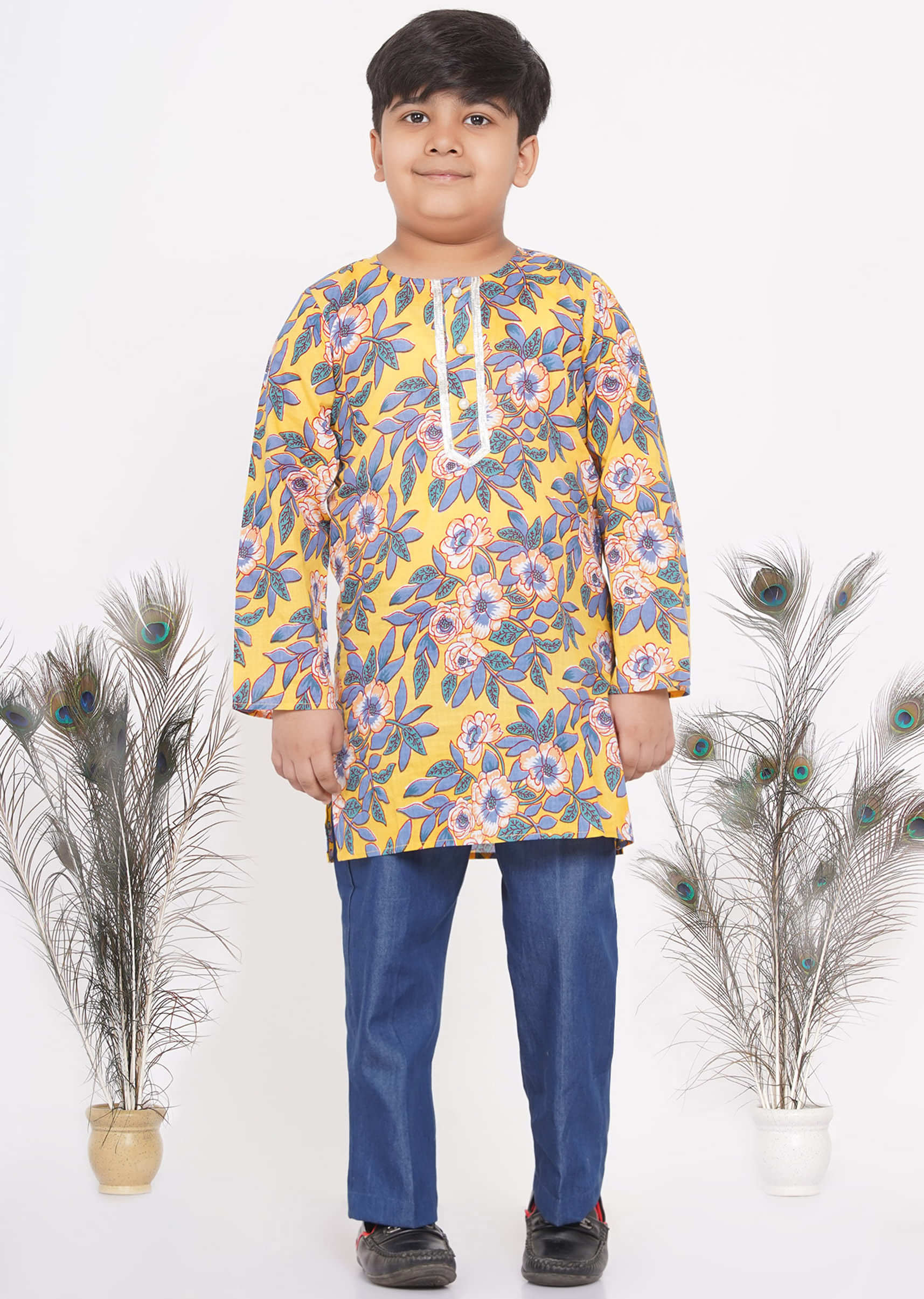 Kalki Yellow Kurta Set For Boys In Cotton With Floral Print And Denim Blue Trouser Pants