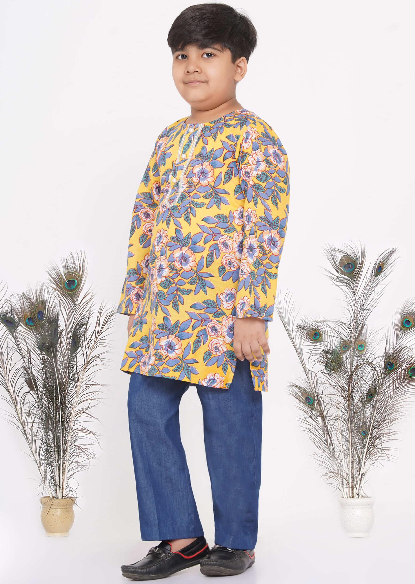 Kalki Cyber Yellow Kurta Set For Boys In Cotton With Floral Print And Denim Blue Trouser Pants