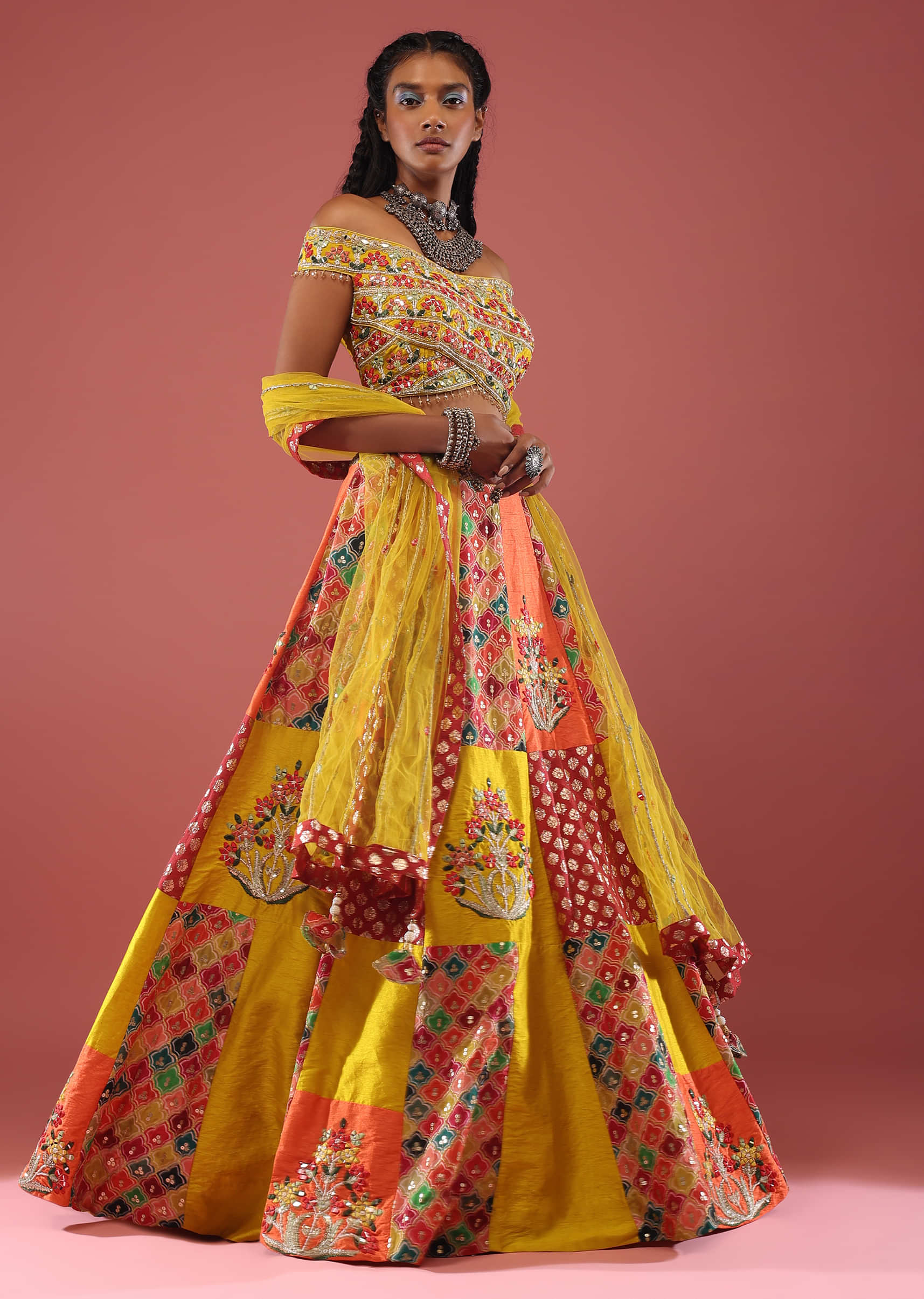 Cyber Yellow Lehenga Choli With Intricate Patchwork In Mirror Work, Brocade Weave And Moroccan Print