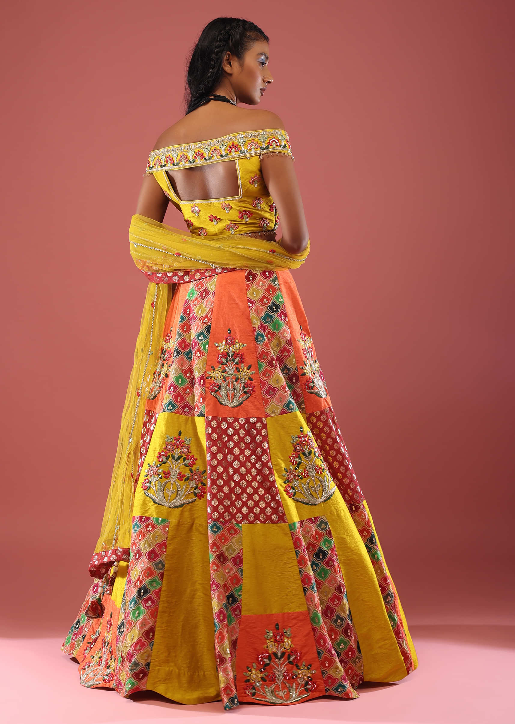 Cyber Yellow Lehenga Choli With Intricate Patchwork In Mirror Work, Brocade Weave And Moroccan Print