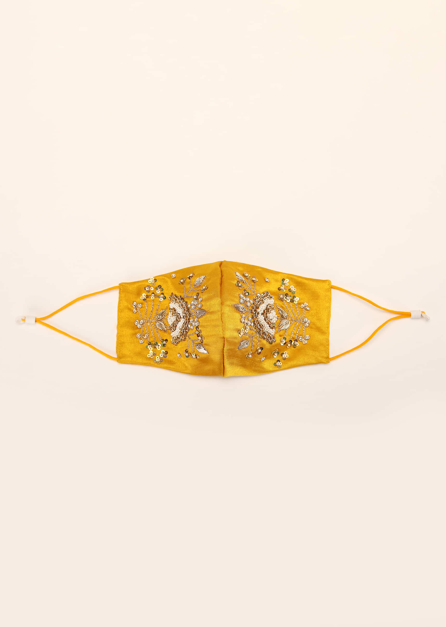 Yellow Mask In Satin Silk With Moti And Zardosi Embroidered Floral Motif