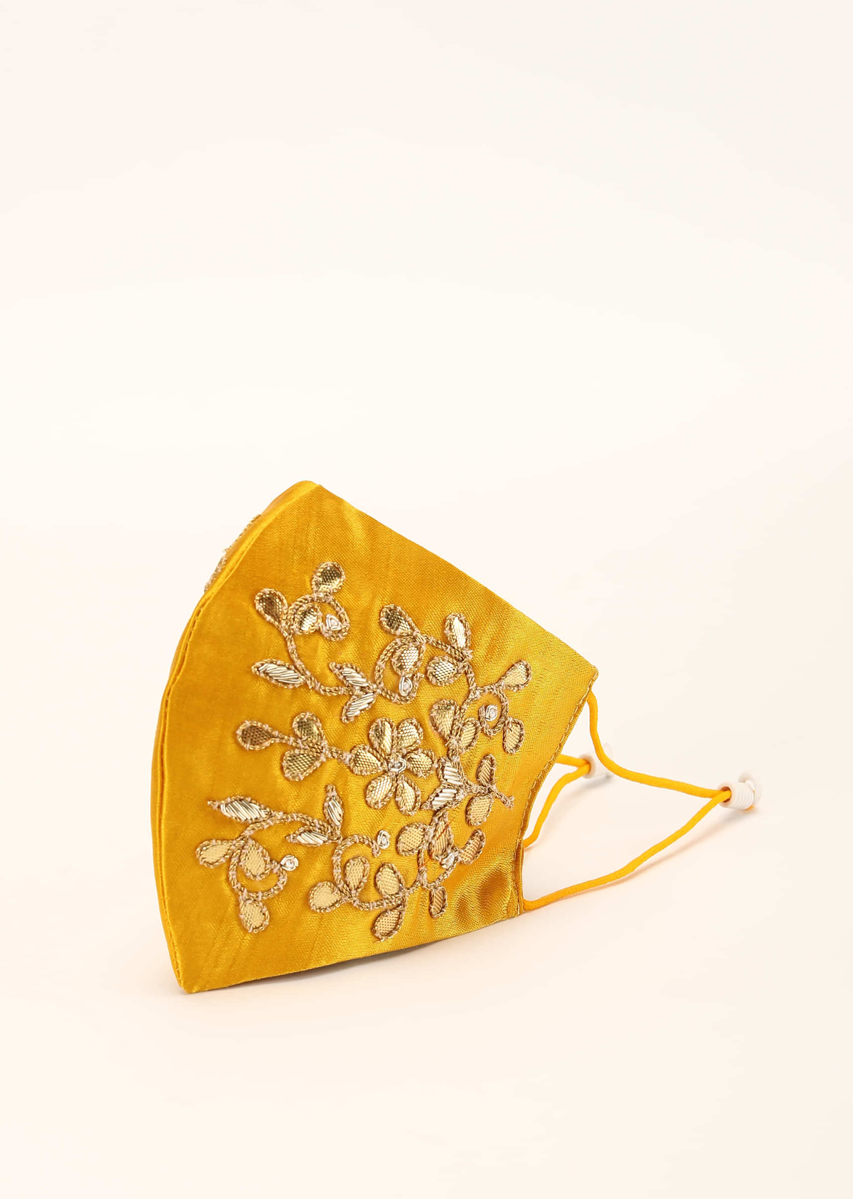 Yellow Mask In Satin Silk With Gotta Patti And Zardosi Embroidered Floral Design