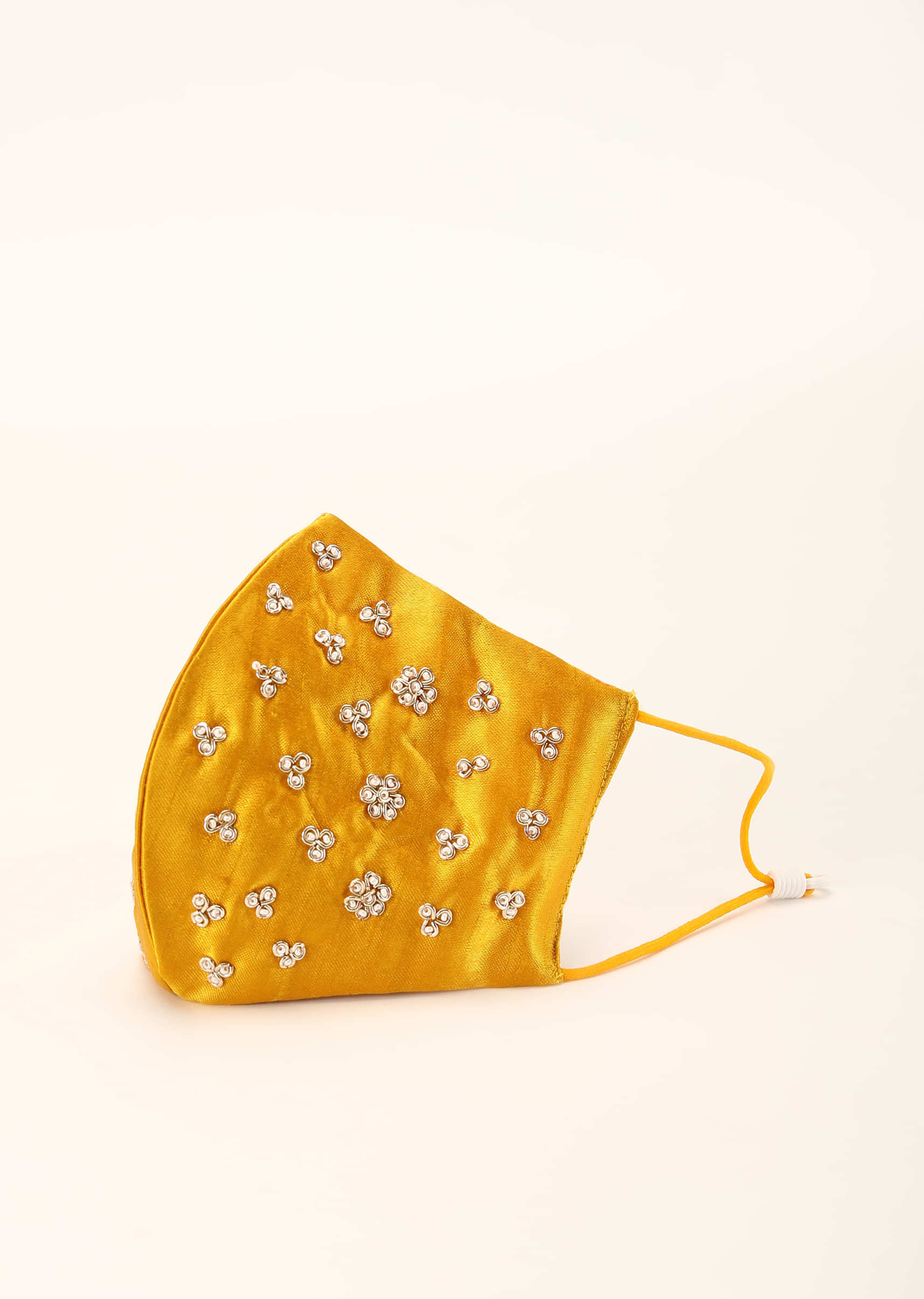 Yellow Mask In Satin Silk With Moti And Zardosi Embroidered Buttis