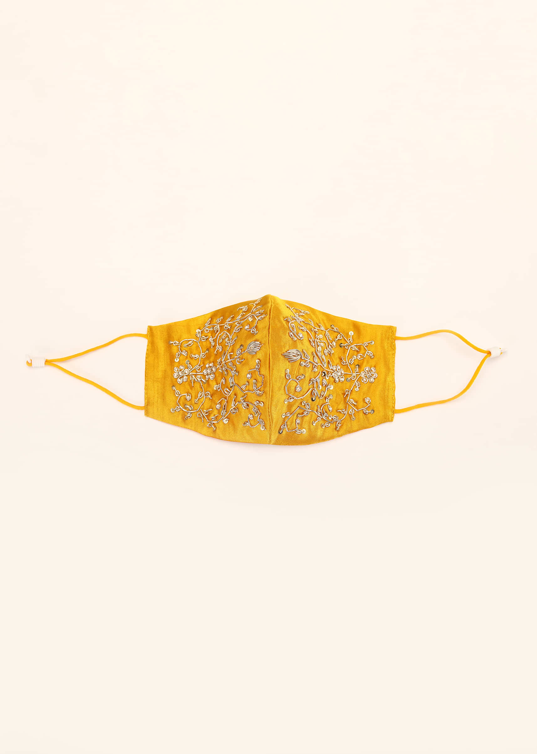 Yellow Mask In Satin Silk With Moti And Zardosi Embroidered Design All Over