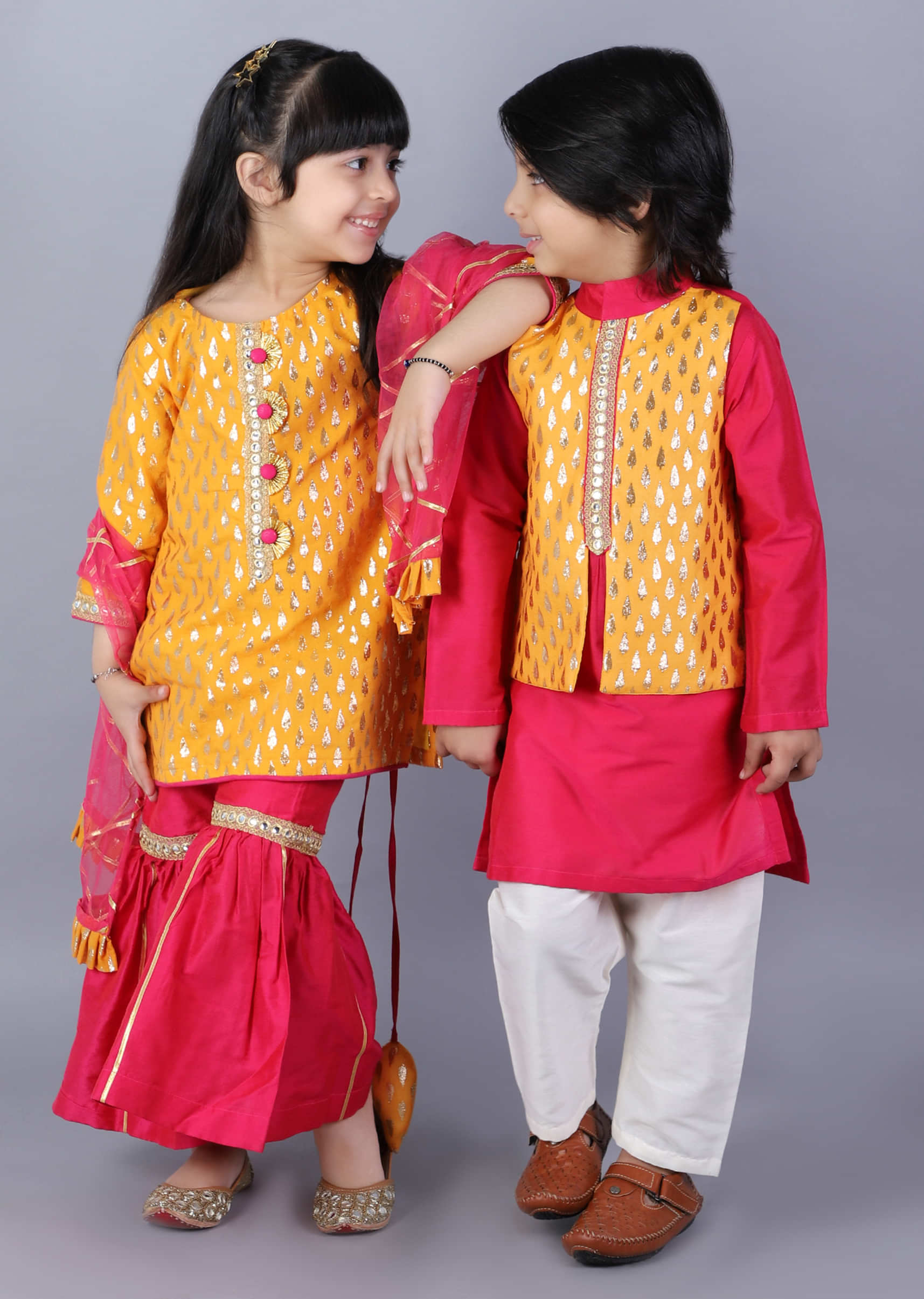 Kalki Boys Yellow Nehru Jacket And Pink Kurta Set In Cotton Silk With Embroidered "Eid Mubarak"