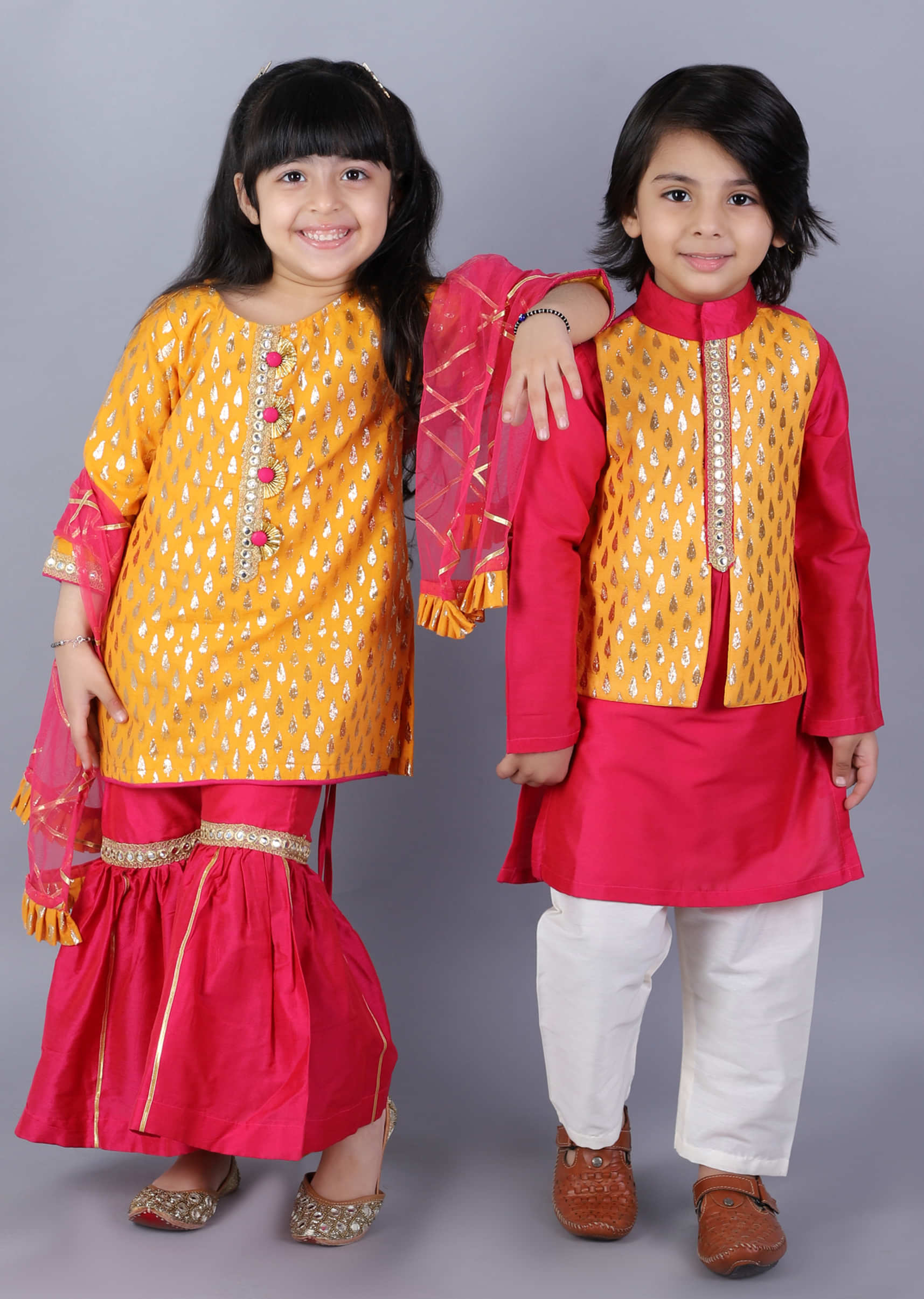 Kalki Boys Yellow Nehru Jacket And Pink Kurta Set In Cotton Silk With Embroidered "Eid Mubarak"