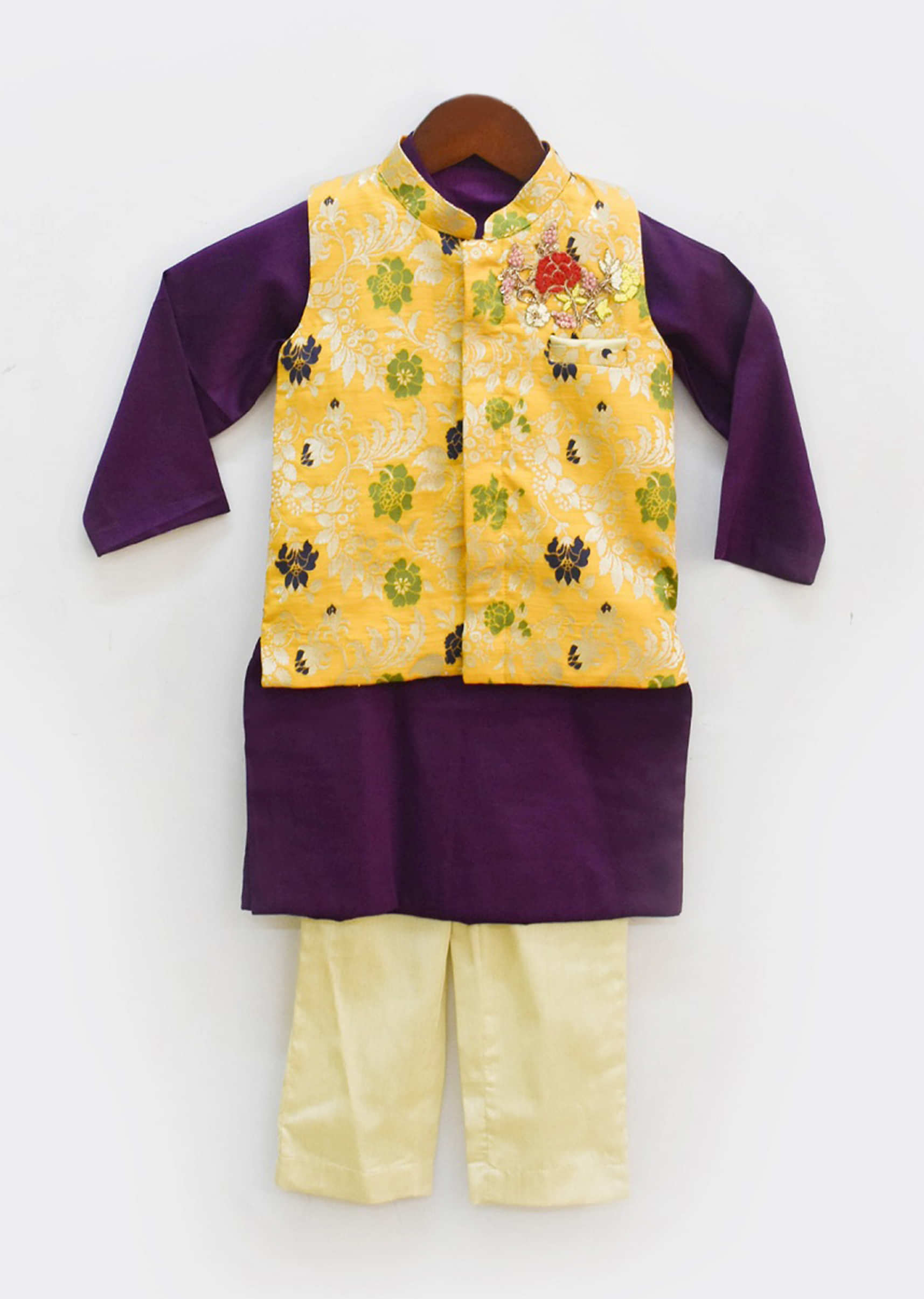 Kalki Boys Yellow nehru jacket with brocade design, purple kurta and churidar by fayon kids