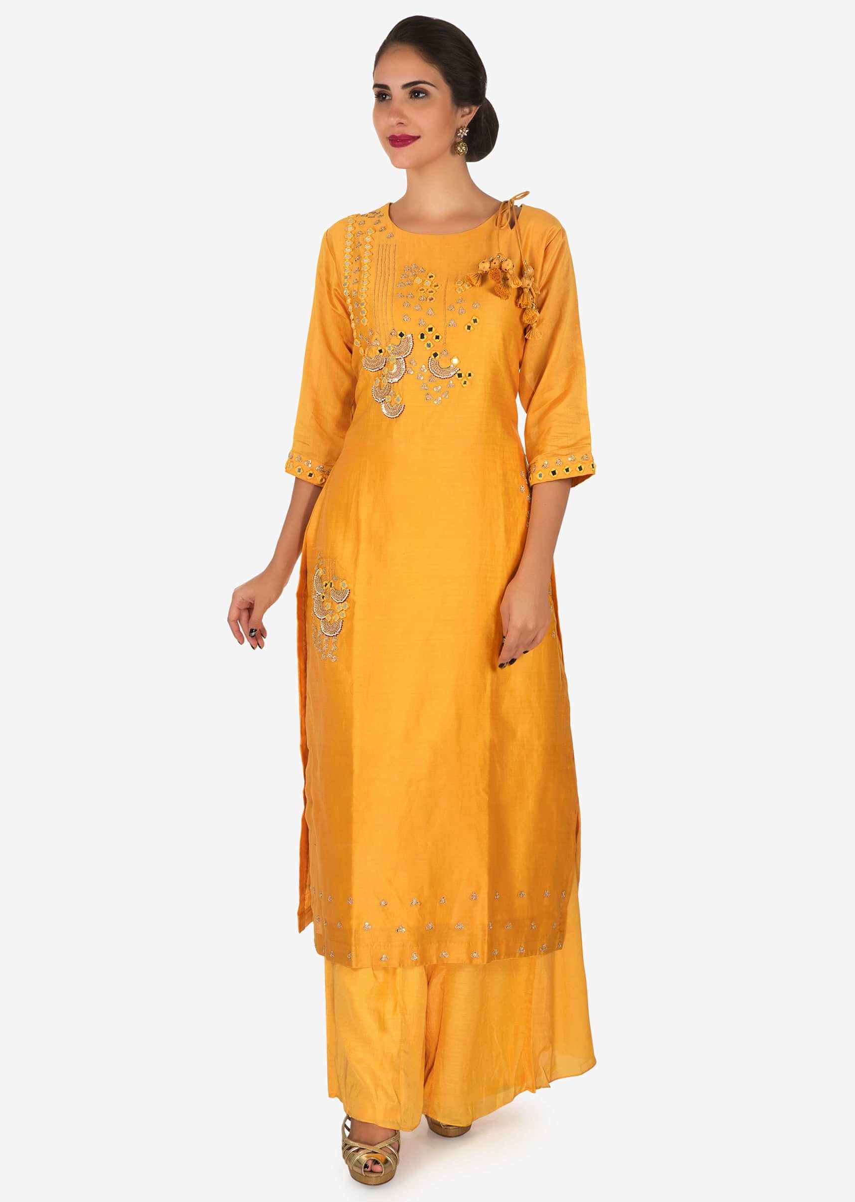 Yellow palazzo suit in cotton adorn in zari and moti embroidery work only on Kalki