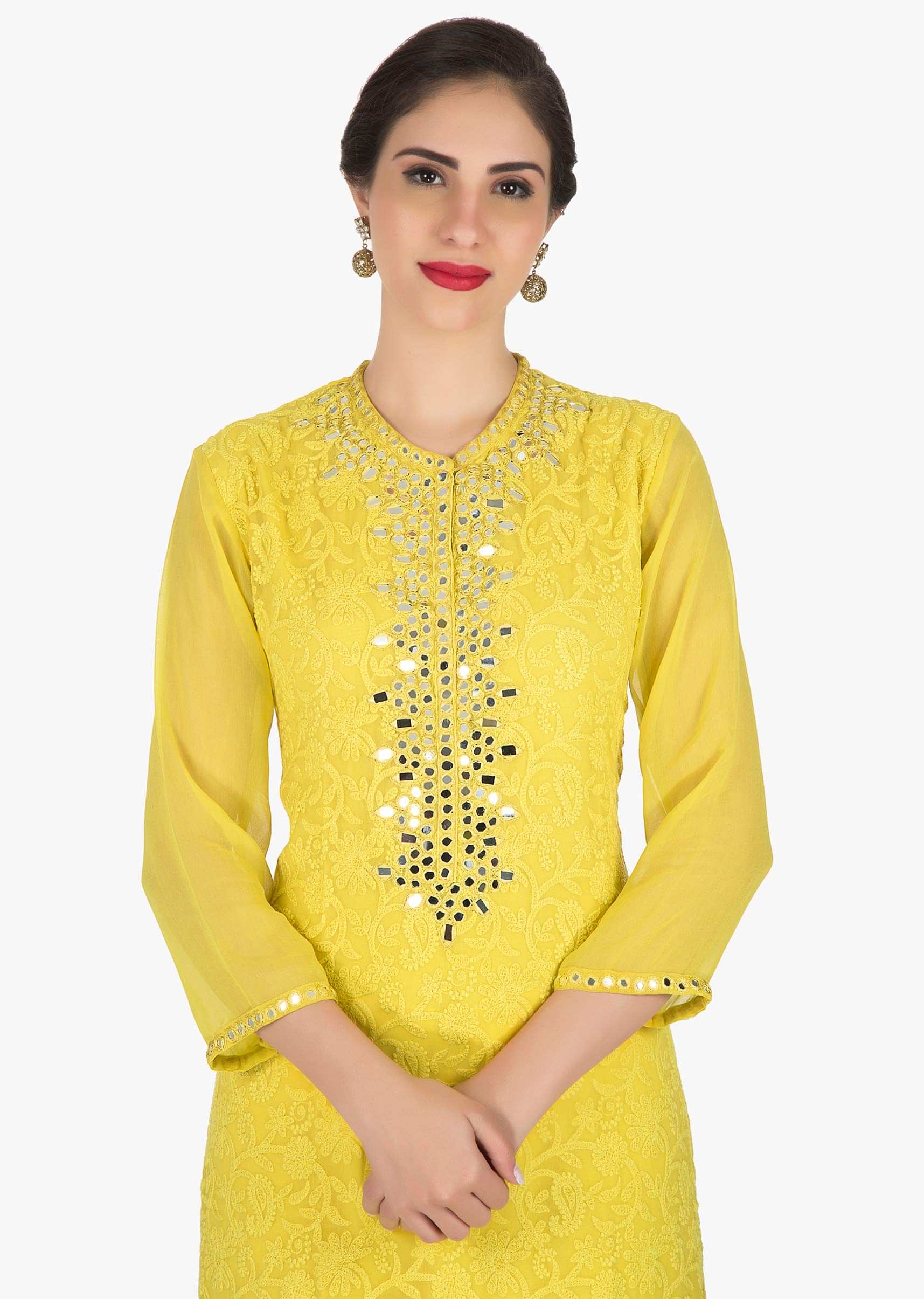Yellow palazzo suit in georgette elevated in thread and mirror work only on Kalki