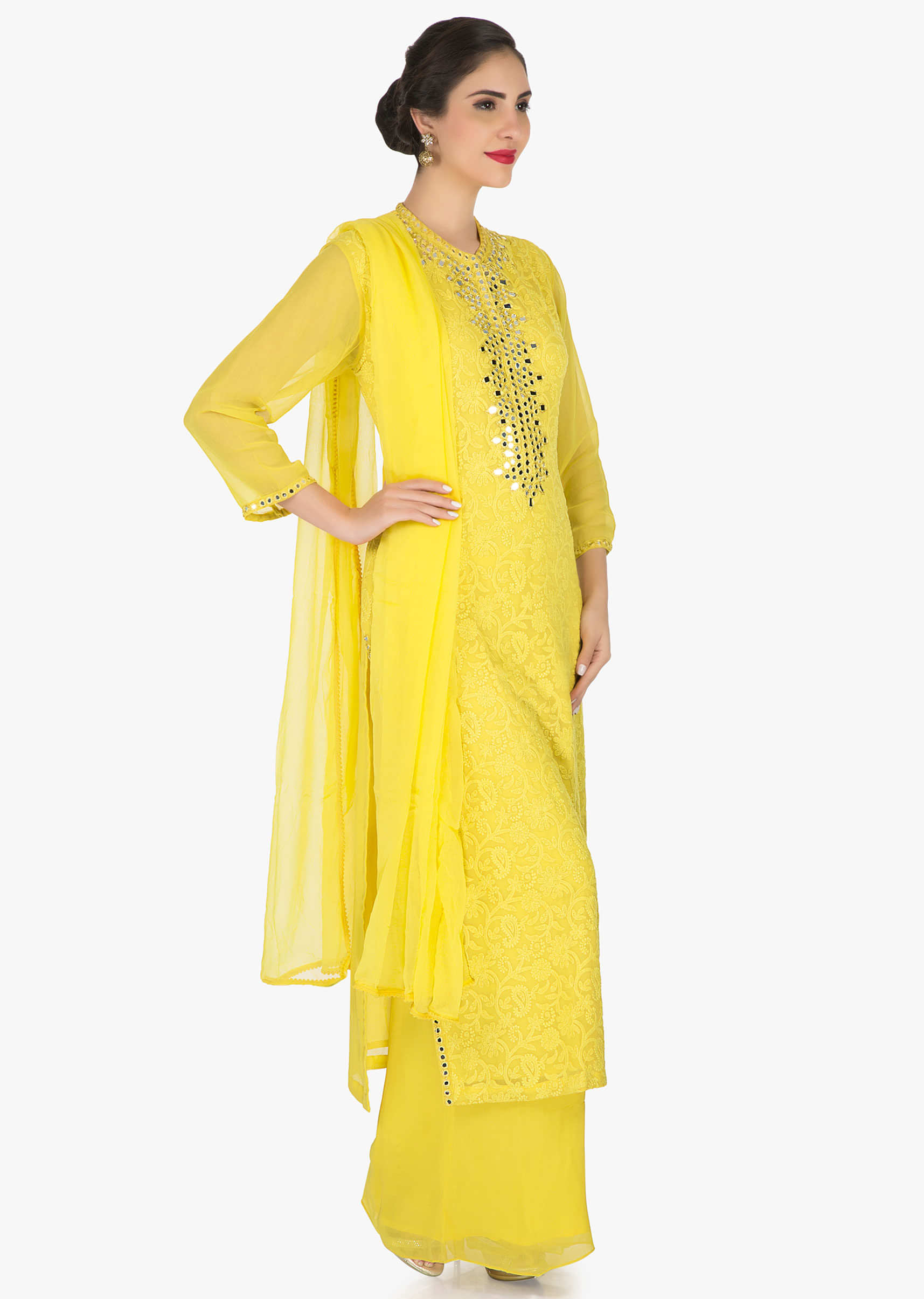 Yellow palazzo suit in georgette elevated in thread and mirror work only on Kalki
