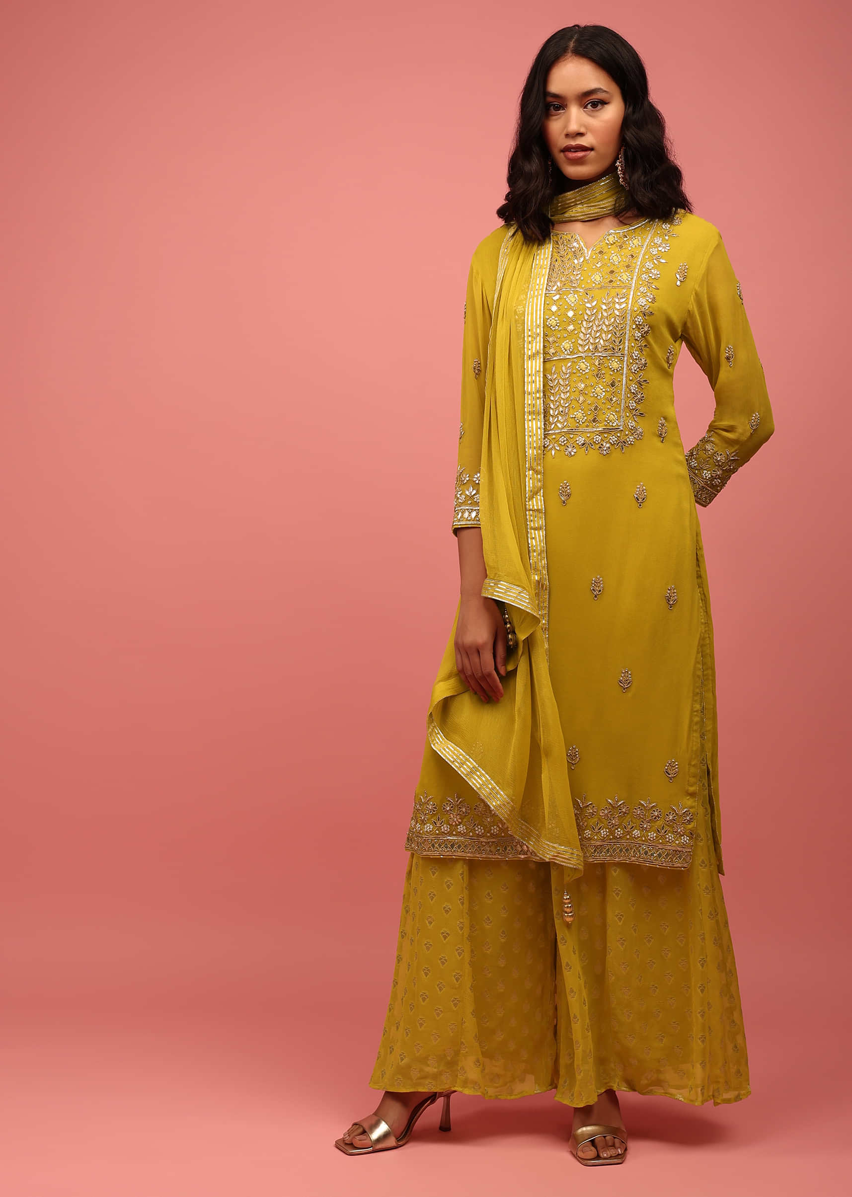 Yellow Palazzo Suit Set Hand Embroidered In Georgette With Moti And Gotta Work