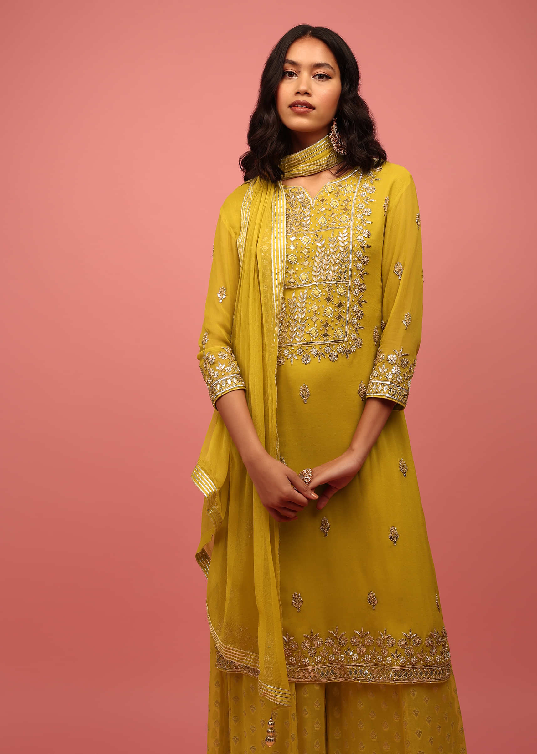 Lemon Yellow Palazzo Suit Set Hand Embroidered In Georgette