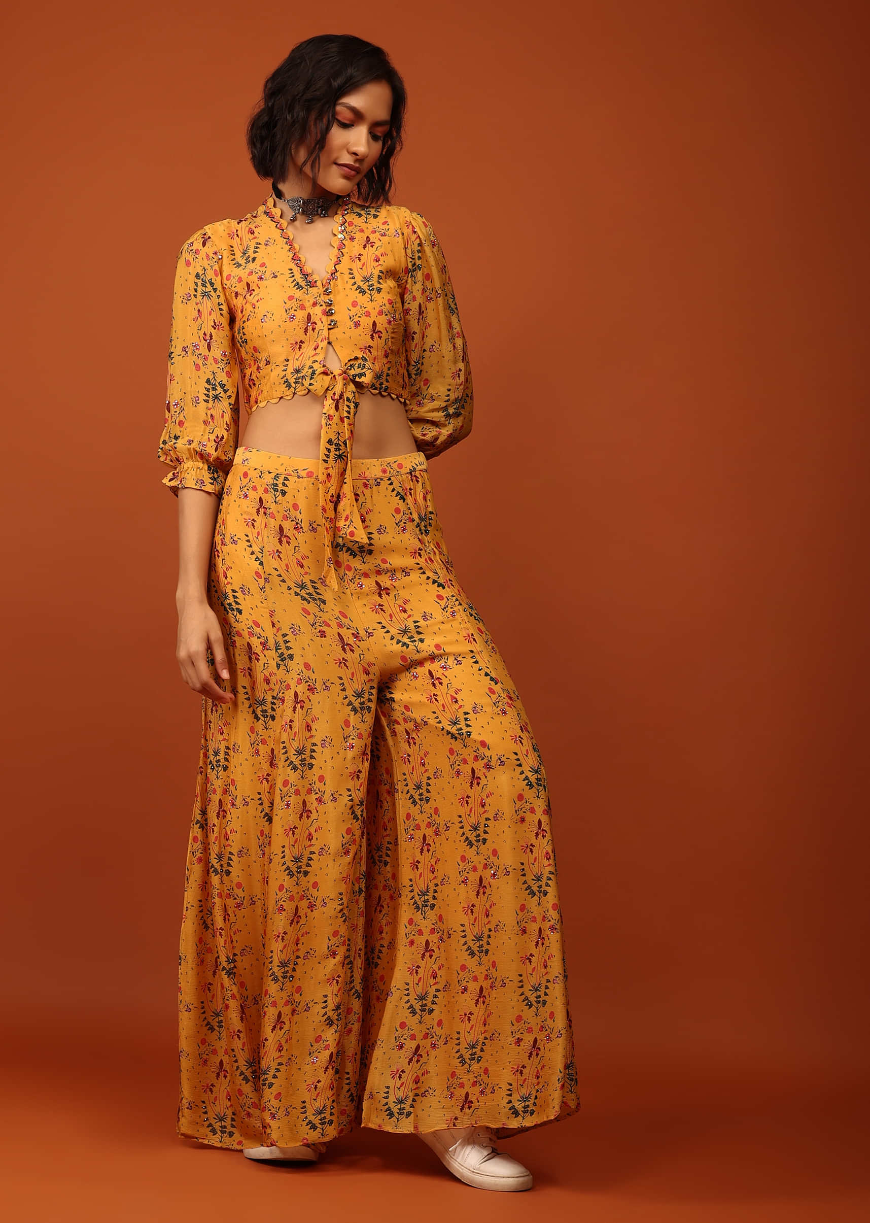 Yellow Print Blouse And Palazzo In V Neckline & Balloon Flute Sleeves With Embellishment