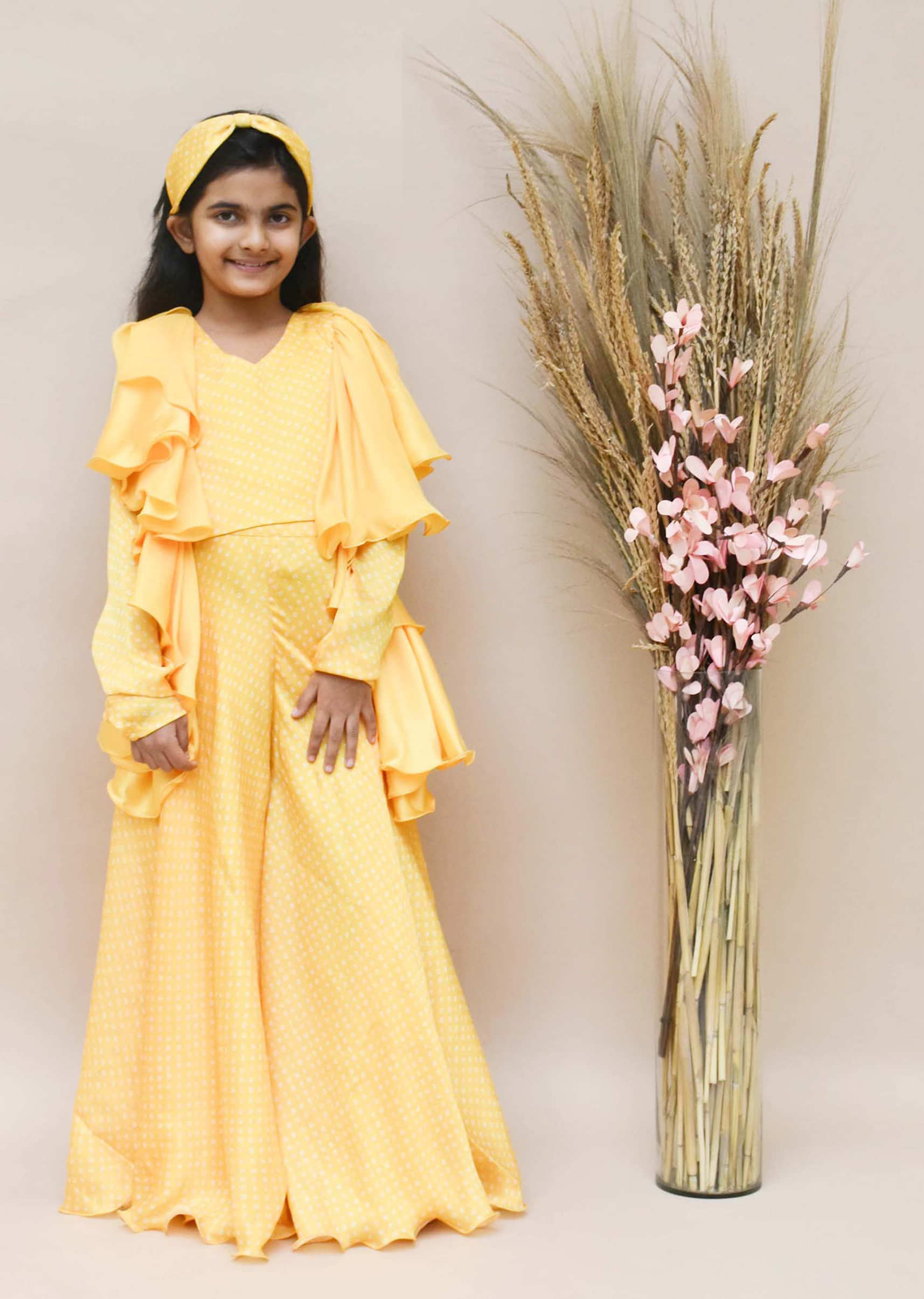 Kalki Girls Yellow Printed Top And Sharara Set With Ruffle Sleeves