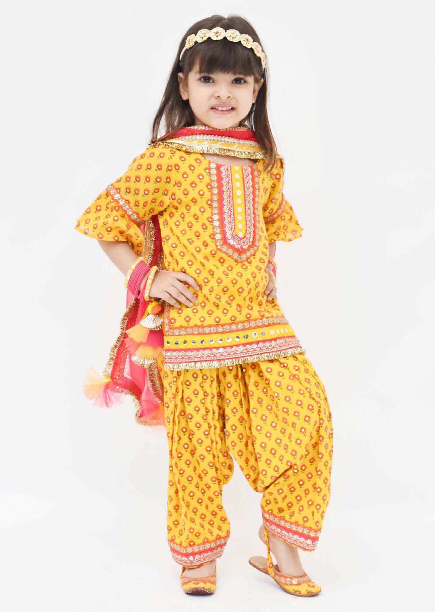 Kalki Girls Yellow Salwar Suit In Cotton With Printed Buttis By Fayon Kids