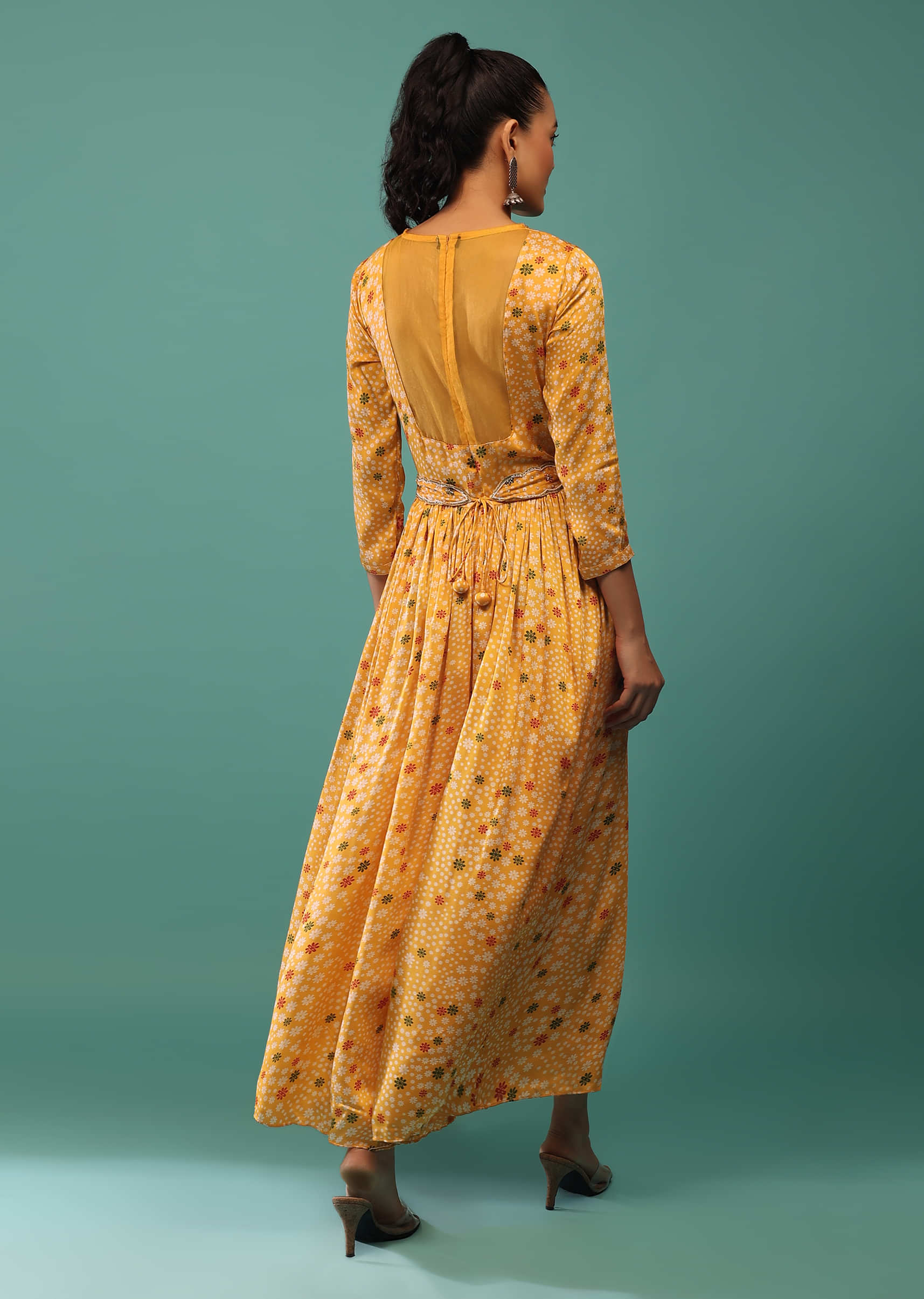 Yellow Satin Silk Jumpsuit With Floral Prints