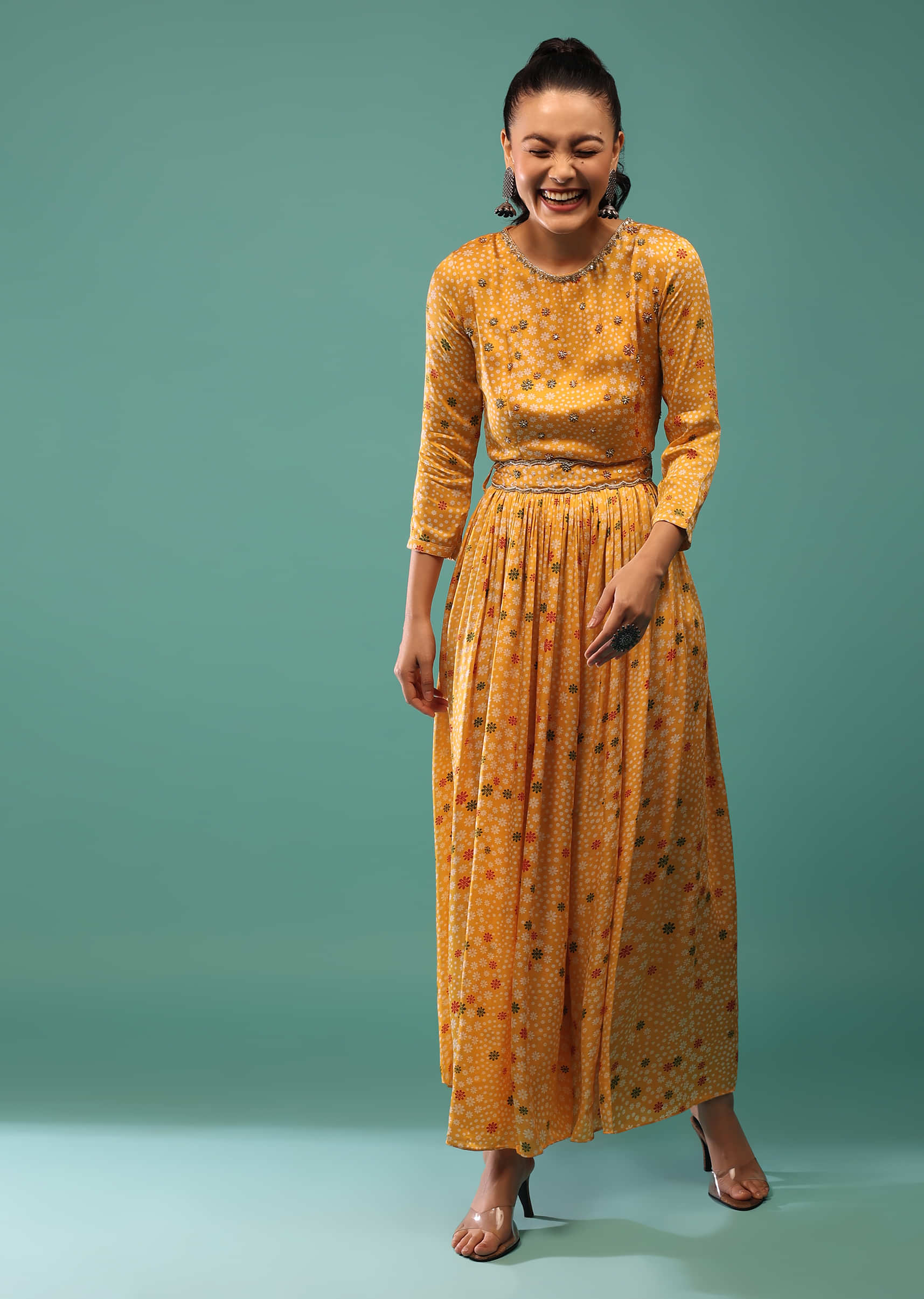 Yellow Satin Silk Jumpsuit With Floral Prints