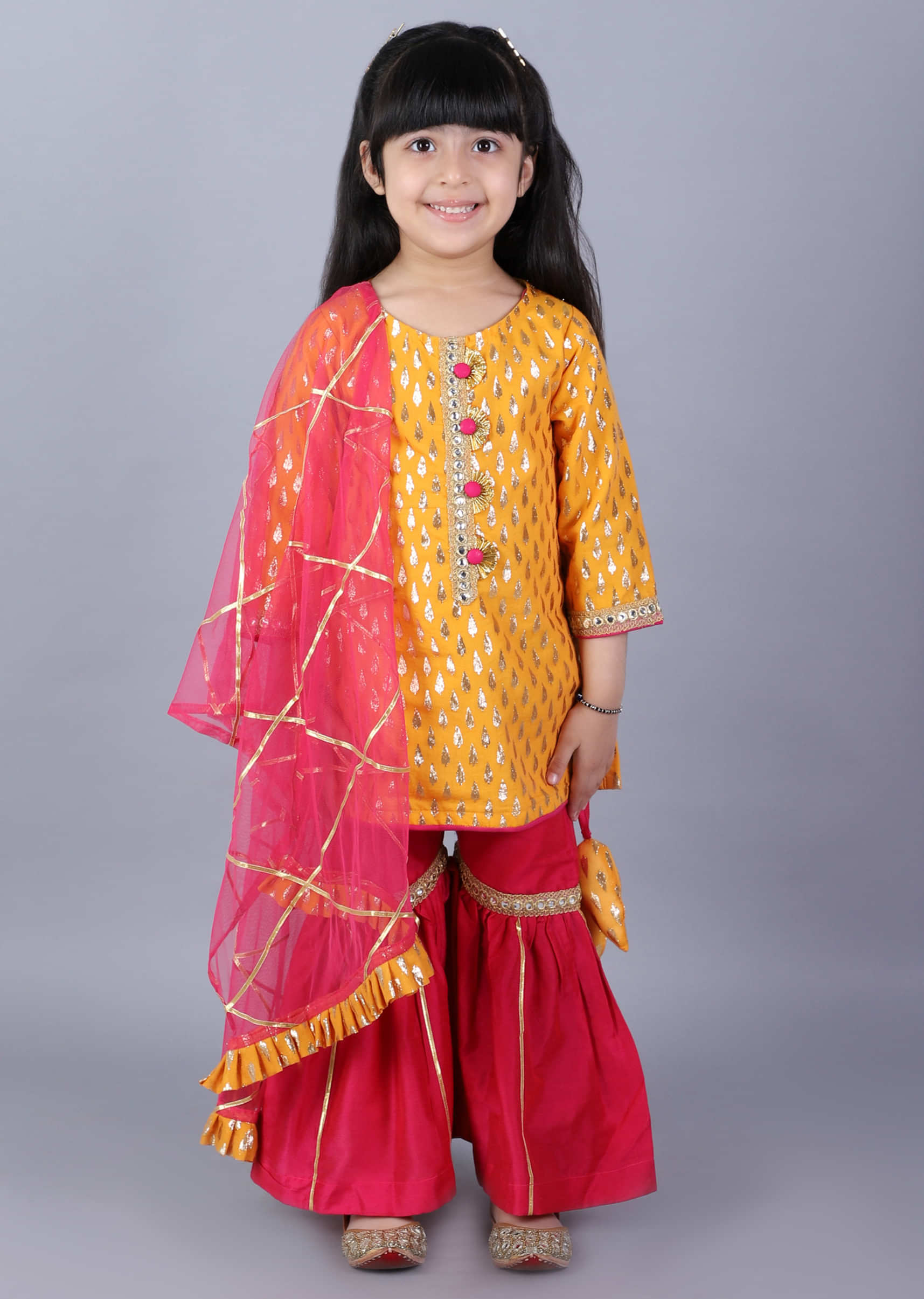 Kalki Girls Yellow Sharara Suit In Cotton With Zari Work And Contrasting Sharara Pants And Dupatta