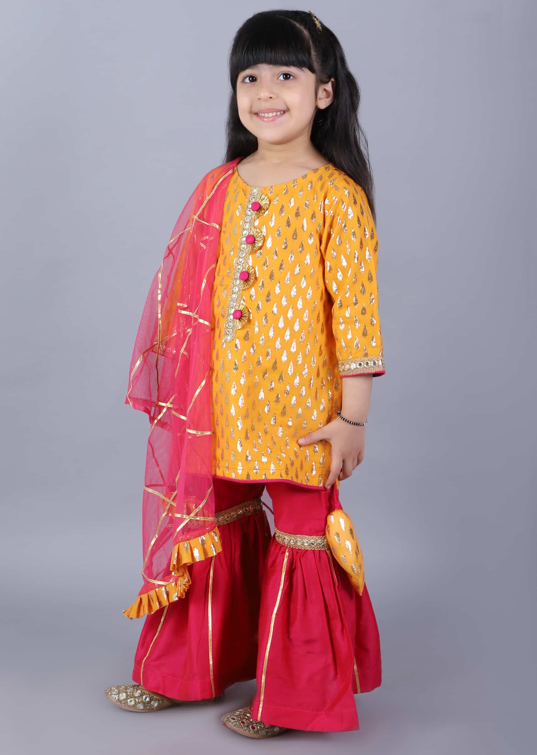 Kalki Girls Yellow Sharara Suit In Cotton With Zari Work And Contrasting Sharara Pants And Dupatta