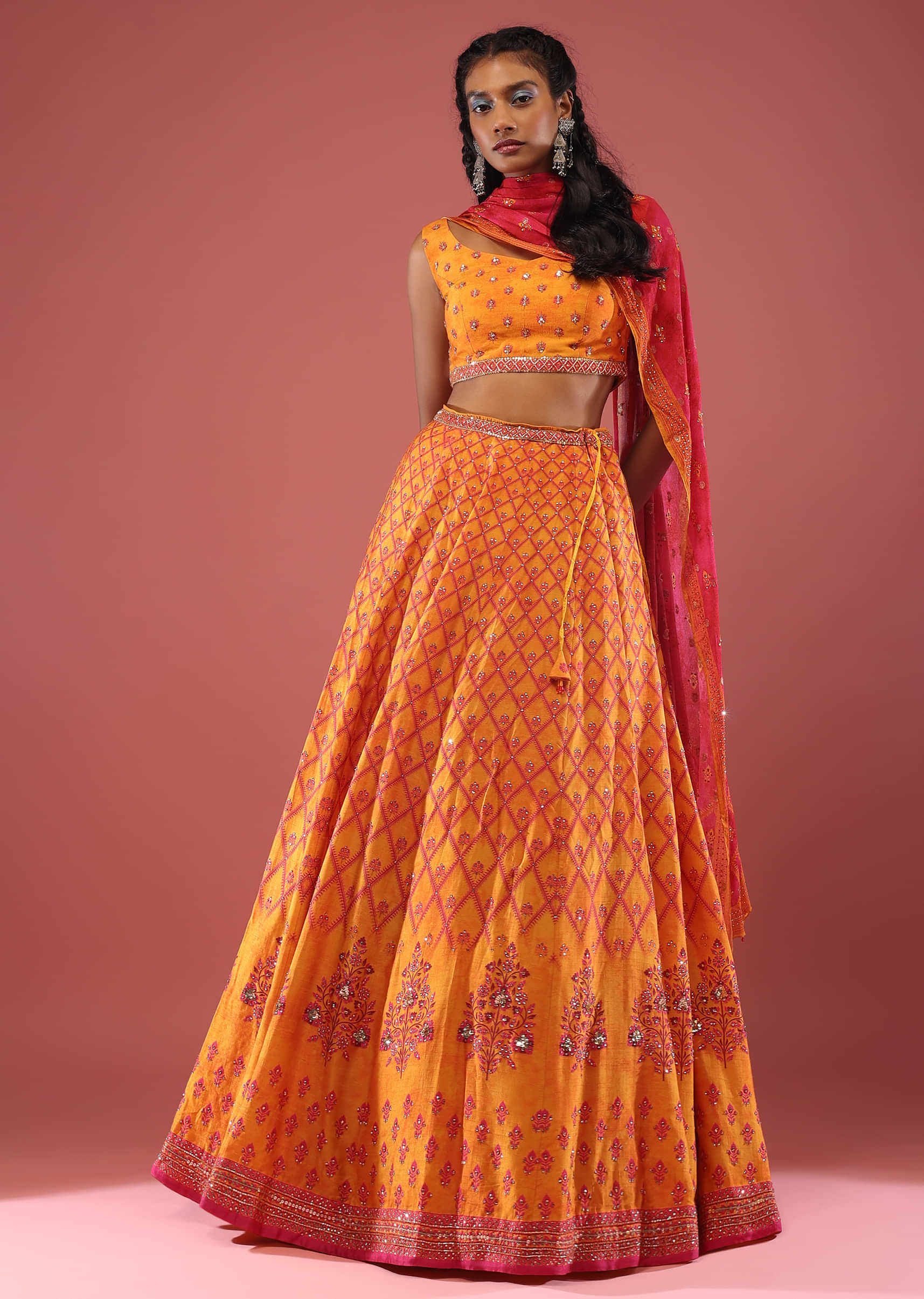 Yellow Silk Lehenga And Blouse With A Geometric Mesh Print Embellished With Stones And A Pink Chiffon Dupatta
