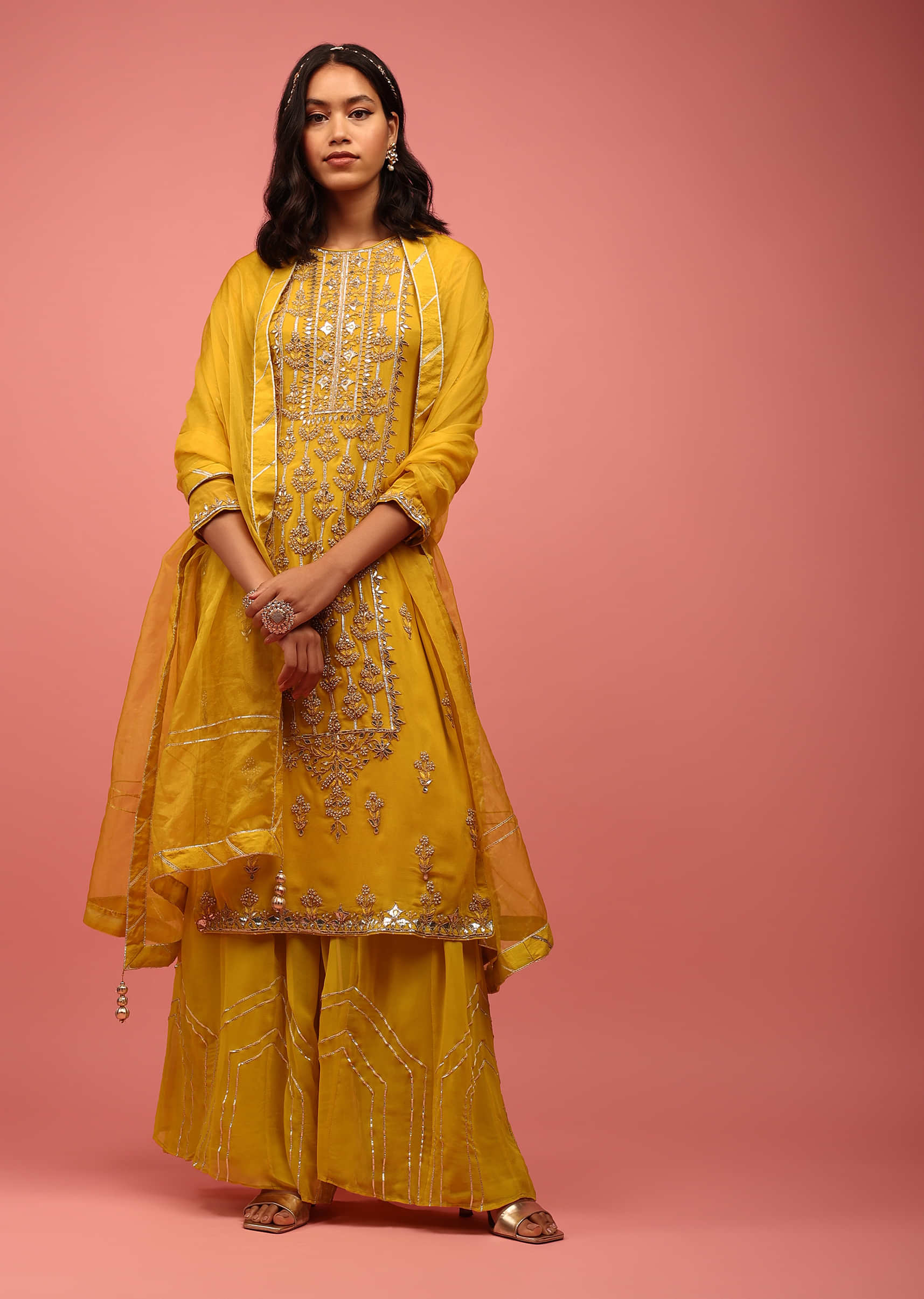 Yellow Straight Palazzo Suit Fully-Hand Embellished In Georgette With An Organza Dupatta