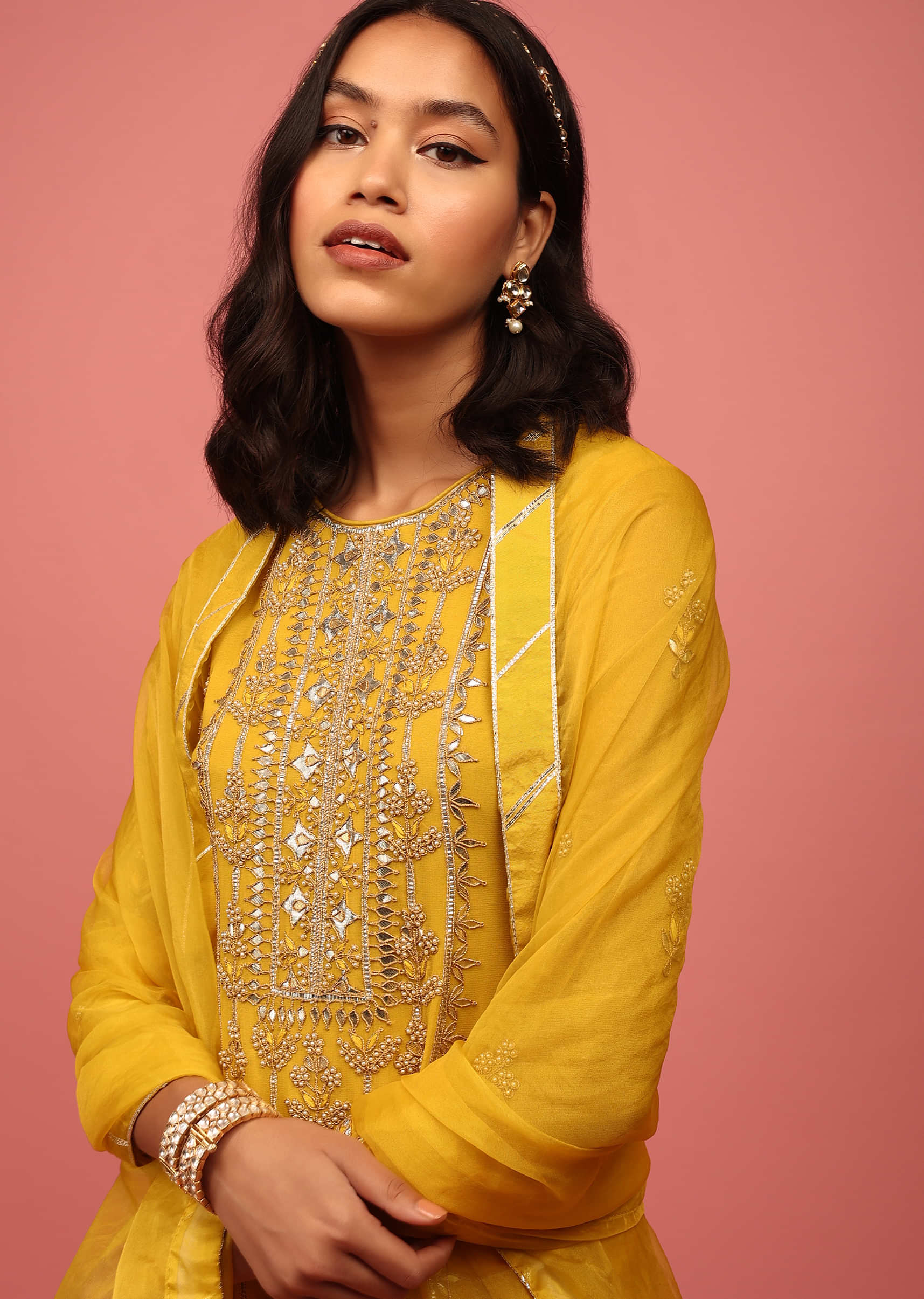 Cyber Yellow Straight Palazzo Suit Fully-Hand Embellished In Georgette With An Organza Dupatta