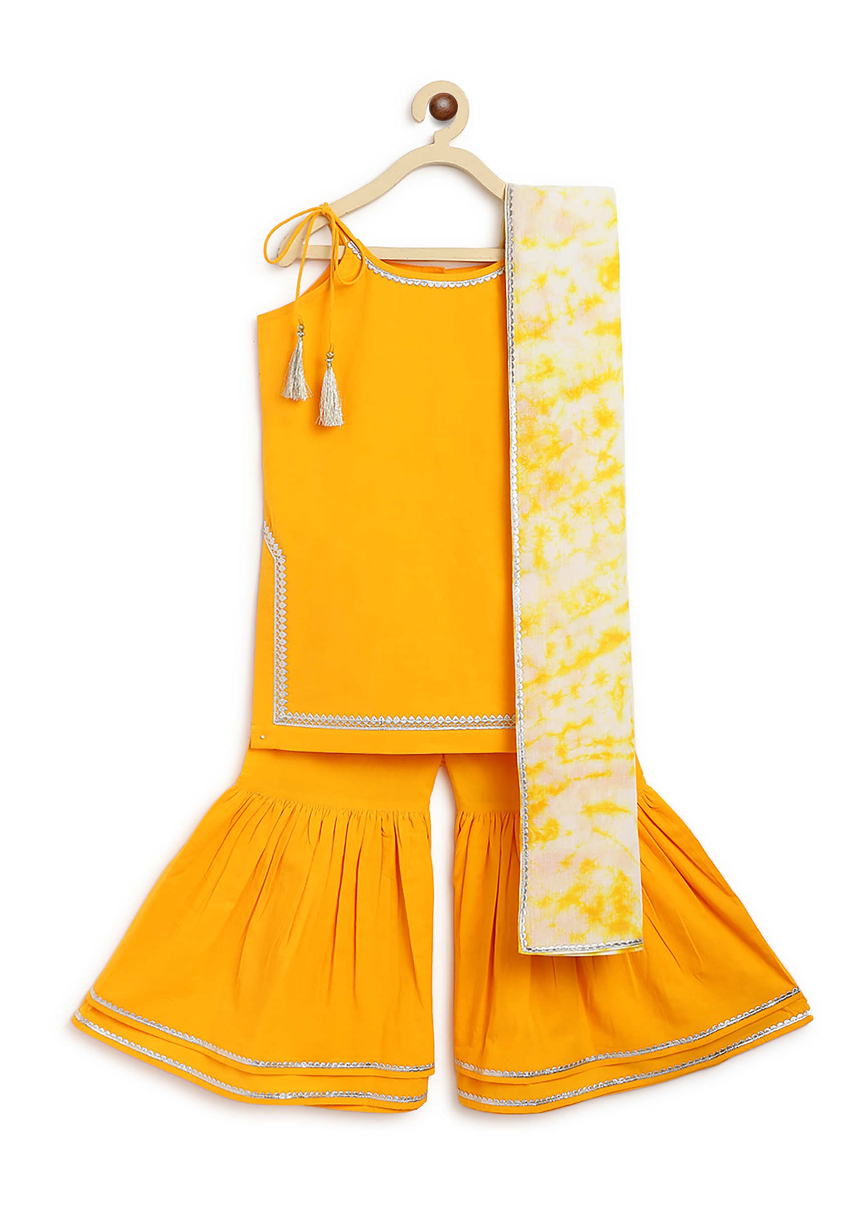 Kalki Girls Yellow Strappy Straight Cut Sharara Suit With Gotta Patti Work And A Tie Dye Dupatta By Tiber Taber
