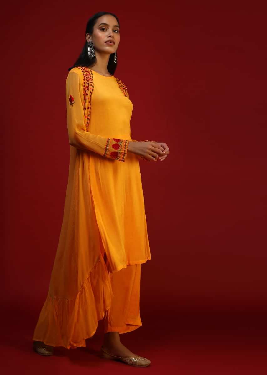 Yellow suit matched with resham embroidered jacket and pants only on Kalki