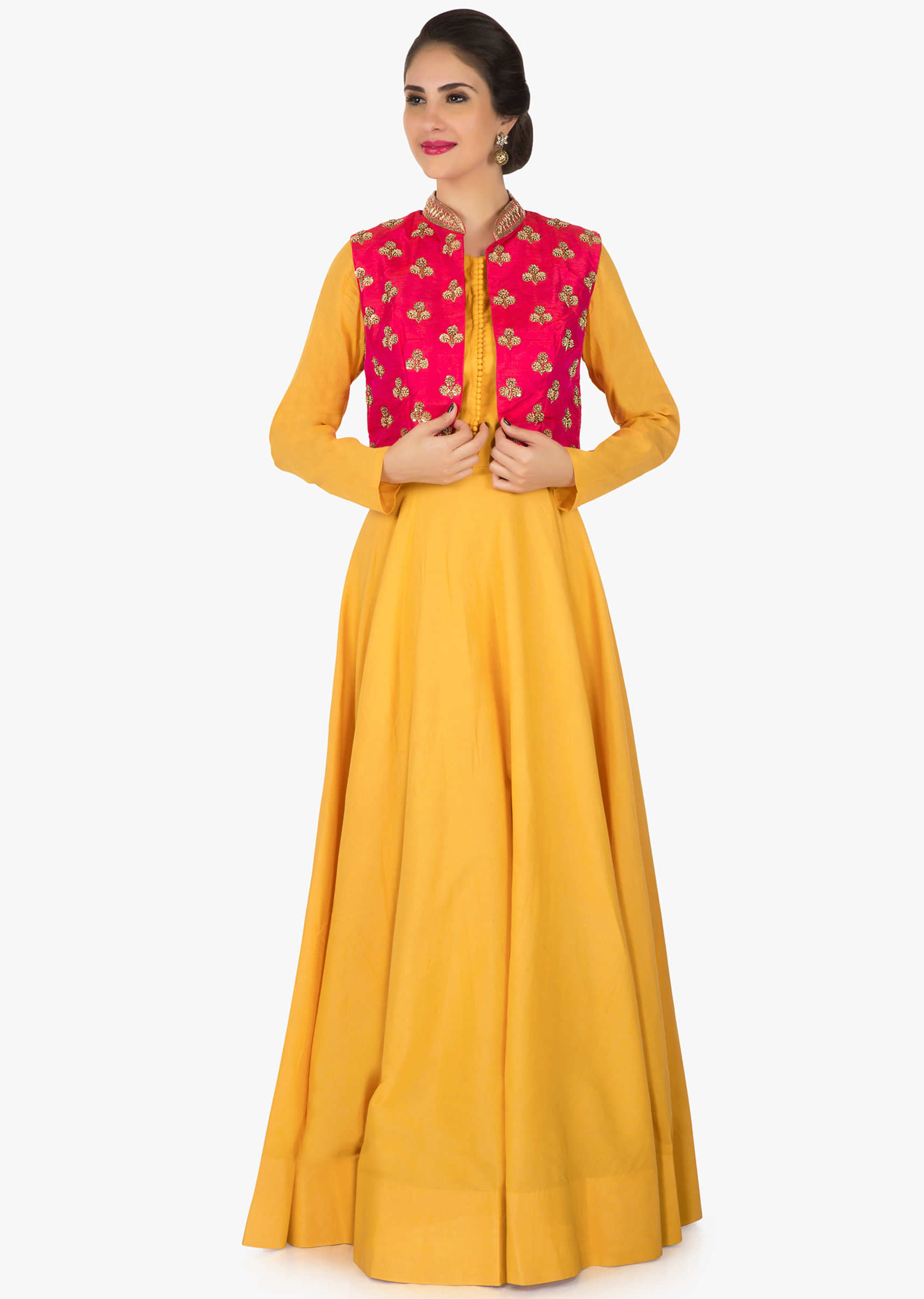 Yellow suit with rani pink jacket enhanced in cutdana and sequin butti work only on Kalki