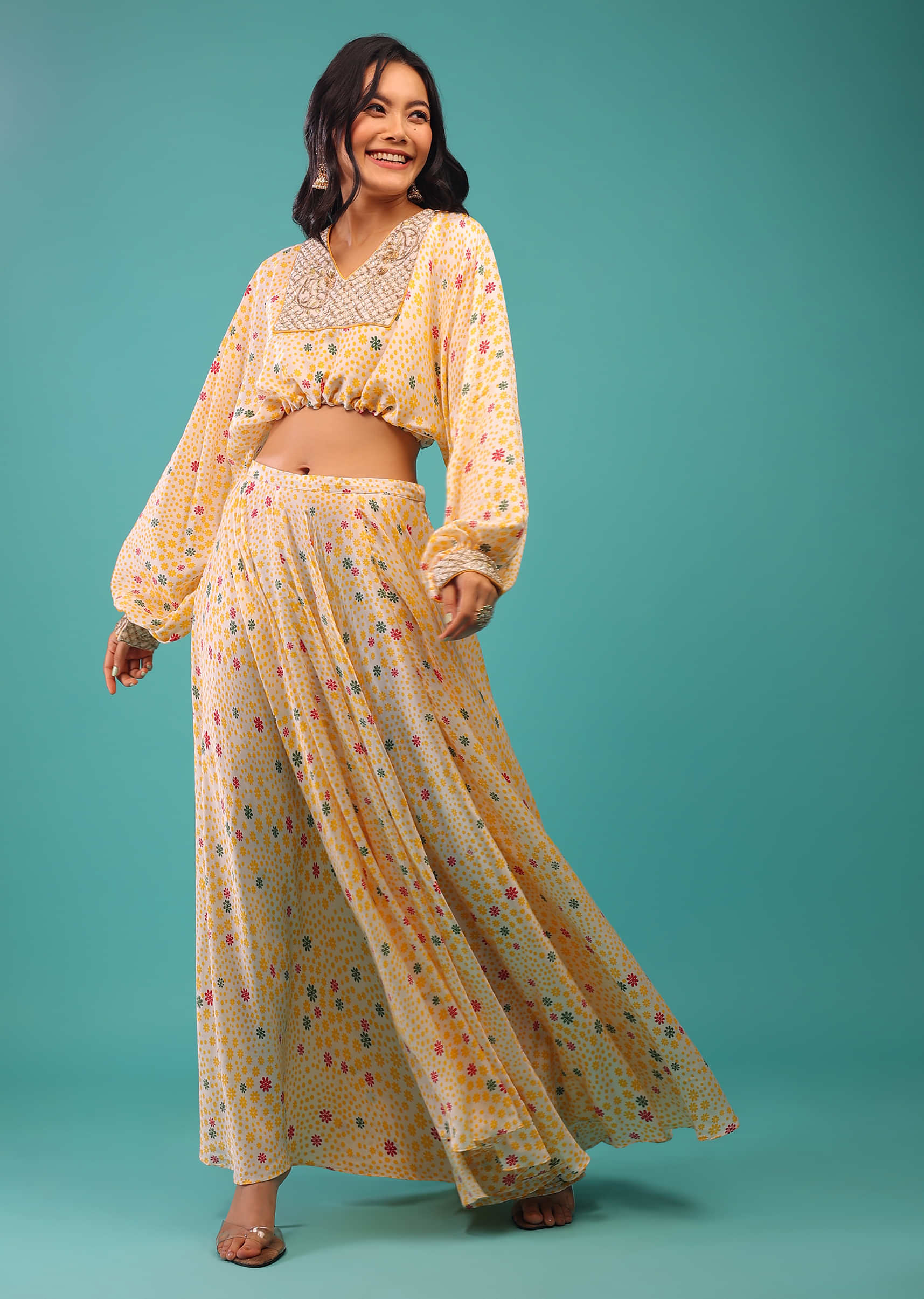 Buy Yellow & White Satin Floral Print Crop Top & Skirt Online