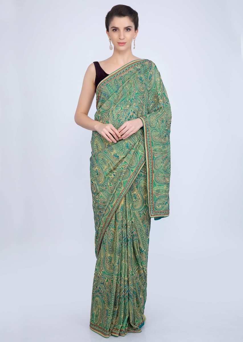 Yellowish green georgette saree with multi color thread embroidered jaal work only on kalki