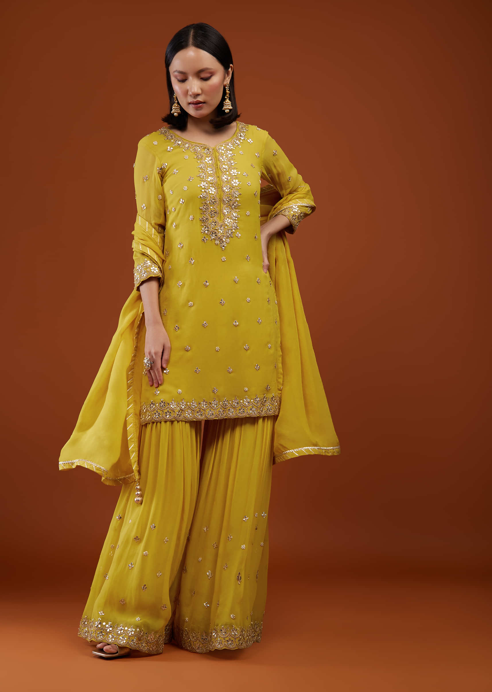 Daffodil Yellow Sharara Suit In Georgette With Embroidery