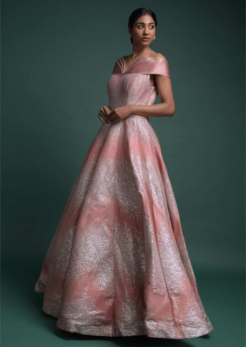Youthful Peach Gown In Raw Silk With Fancy Off Shoulder Neckline And Shimmer All Over Online - Kalki Fashion