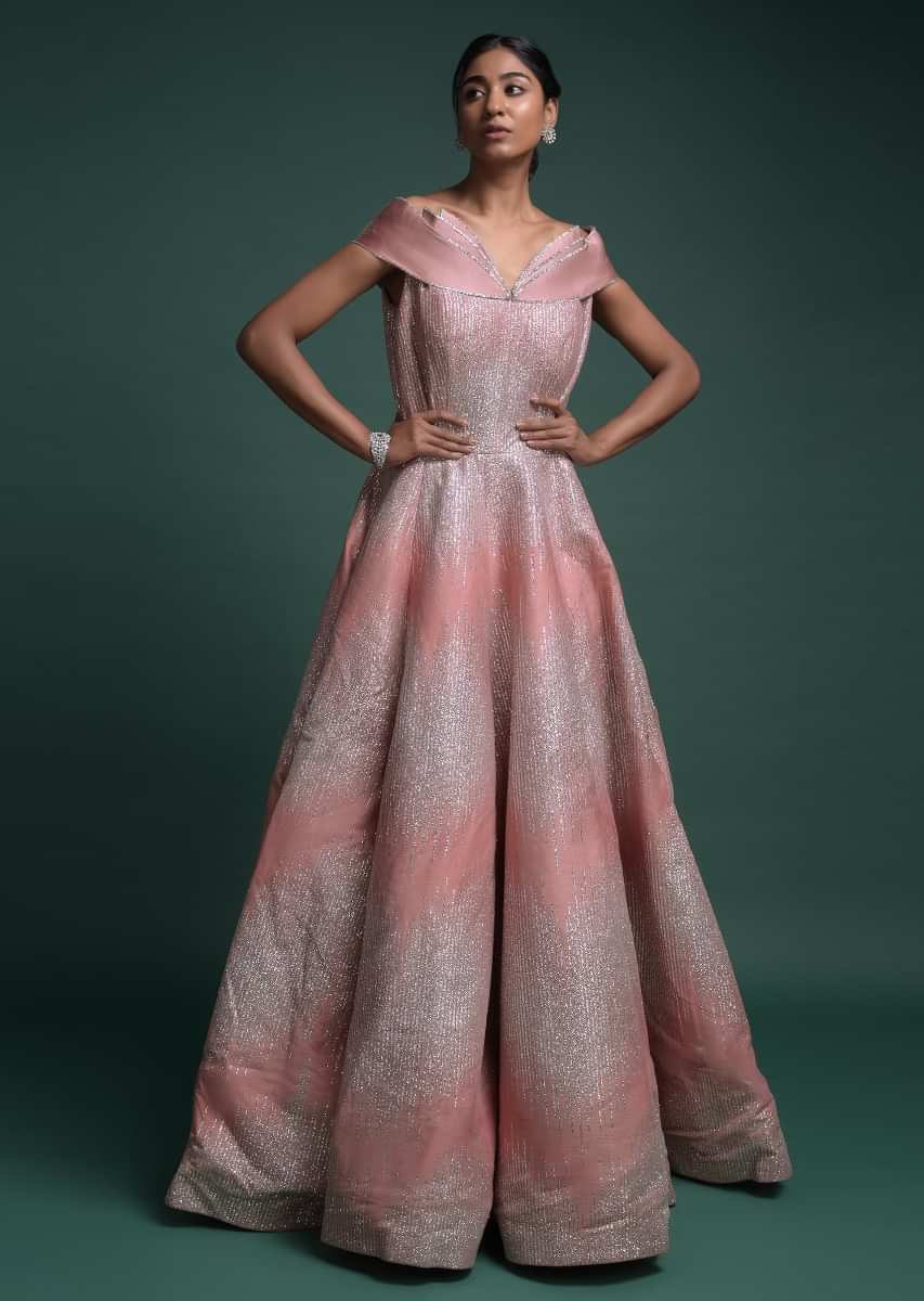 Buy Youthful Peach Gown In Raw Silk With Fancy Off Shoulder Neckline And  Shimmer All Over Online - Kalki Fashion