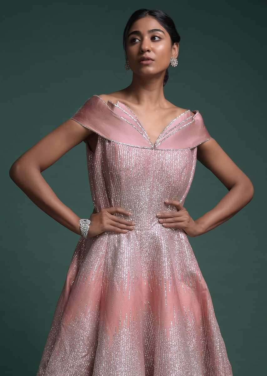 Youthful Peach Gown In Raw Silk With Fancy Off Shoulder Neckline And Shimmer All Over Online - Kalki Fashion