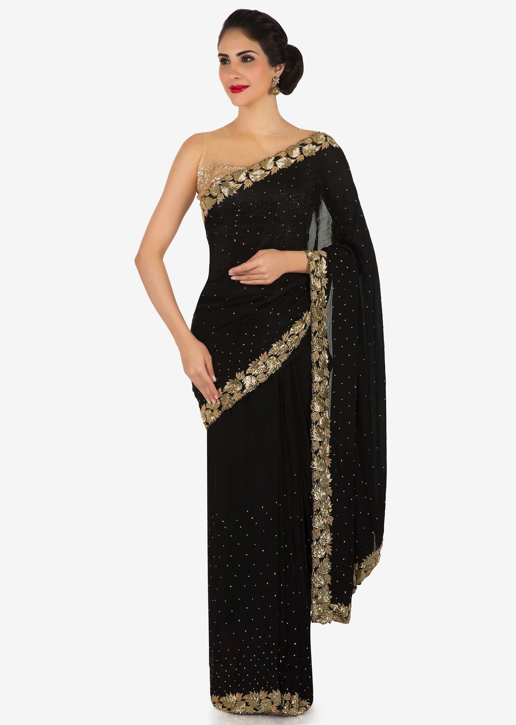 Zed black saree features in chiffon with leaf motif border only on Kalki