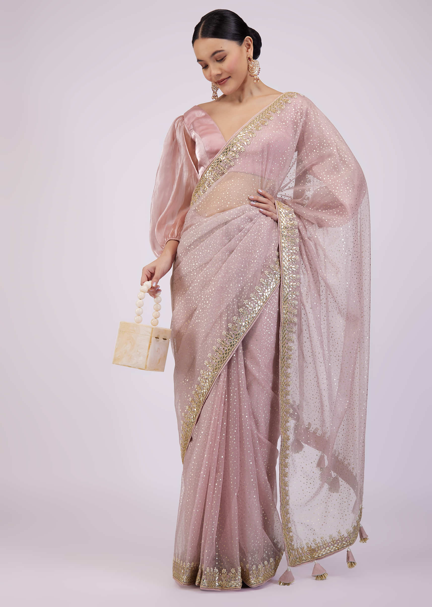 Onion Pink Saree In Organza With Foil Print And Embroidery
