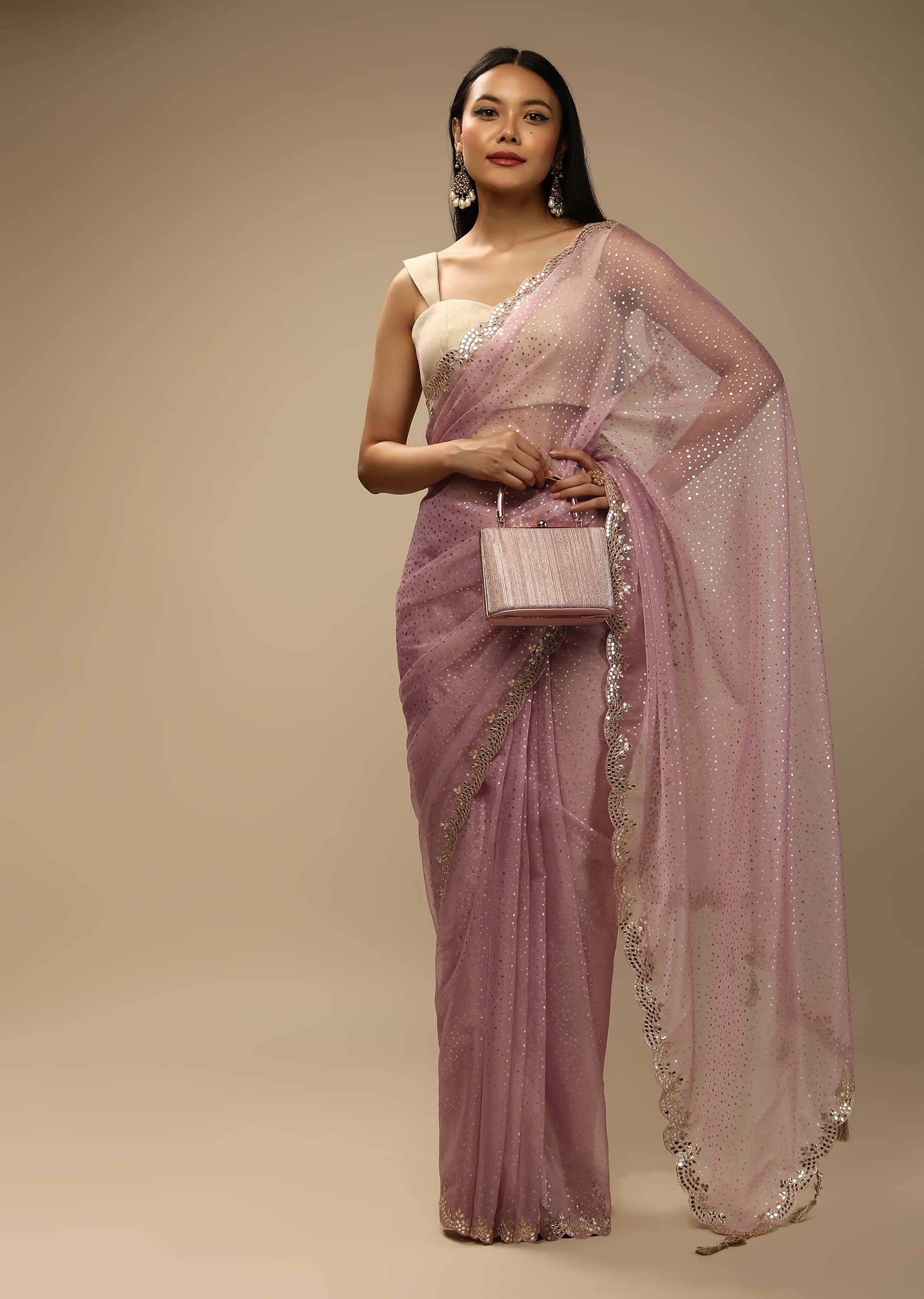 Zephyr Pink Saree In Organza With Foil Printed Scattered Dots And Mirror Embroidered Scallop Border