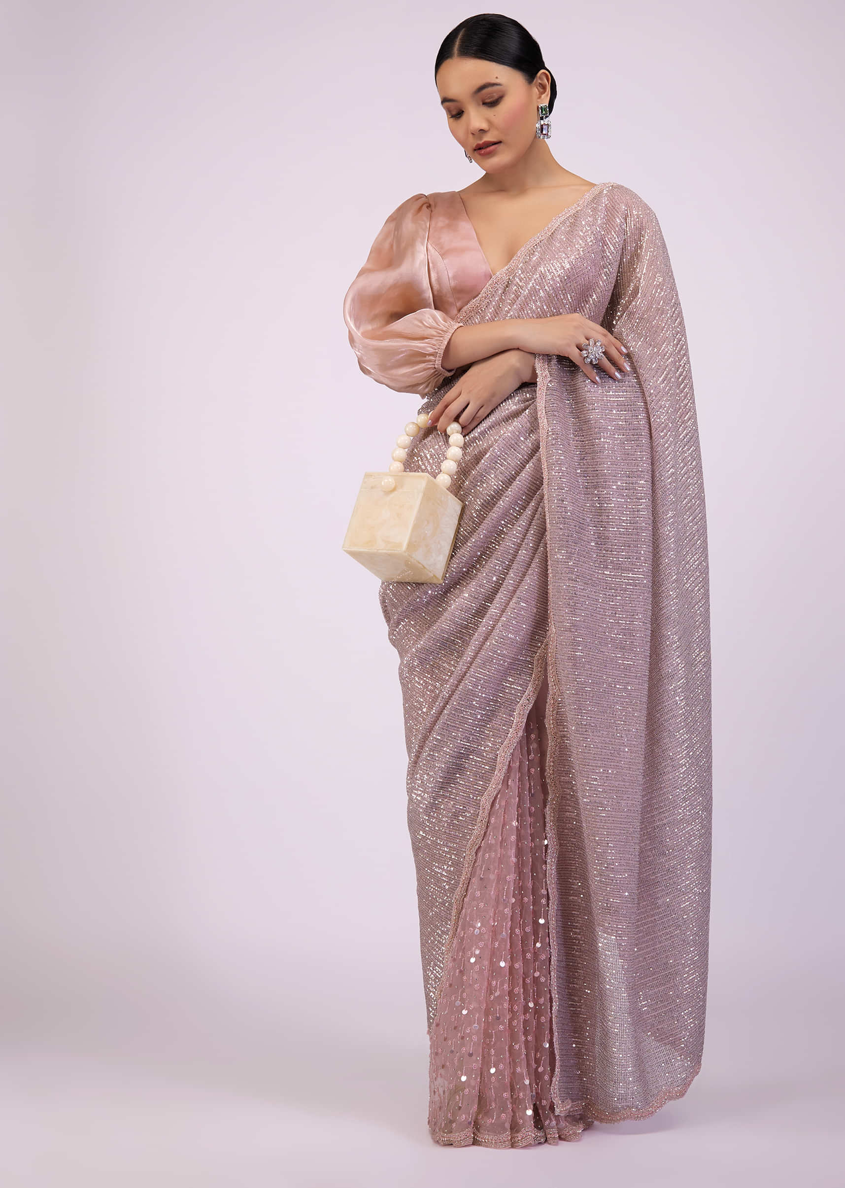 Onion Pink Saree In Sequins And Organza With Embroidery