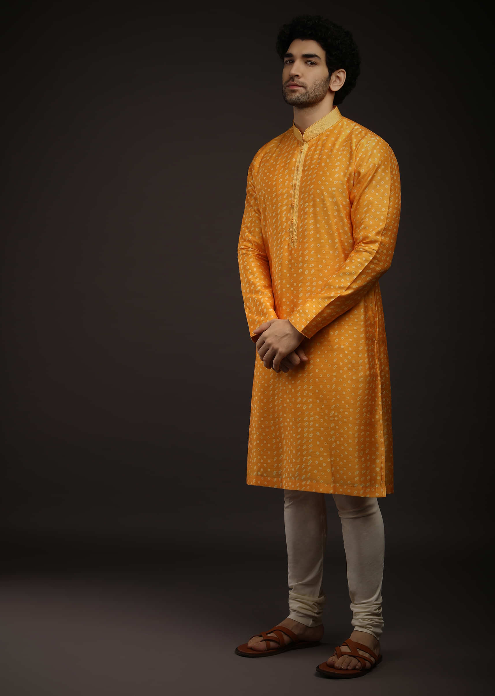 Zinnia Yellow Kurta Set In Raw Silk With Bandhani Design All Over And Resham Work On The Placket