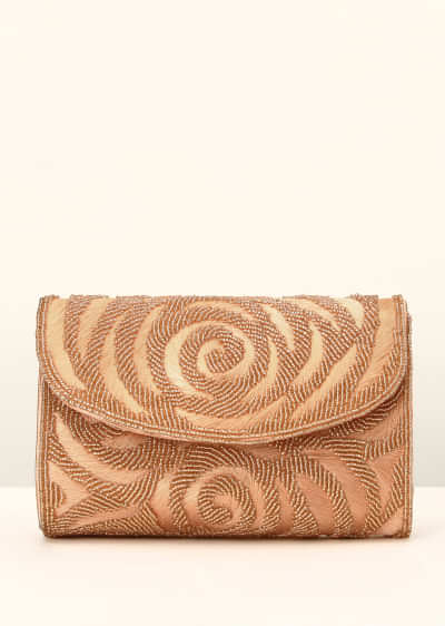Rose Gold Clutch With Resham And Beads Embroidered Spiral Design