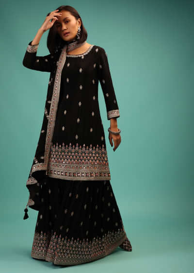 Black Mirror And Zari Embroidered Sharara Suit With A Sharara Pant In Raw Silk