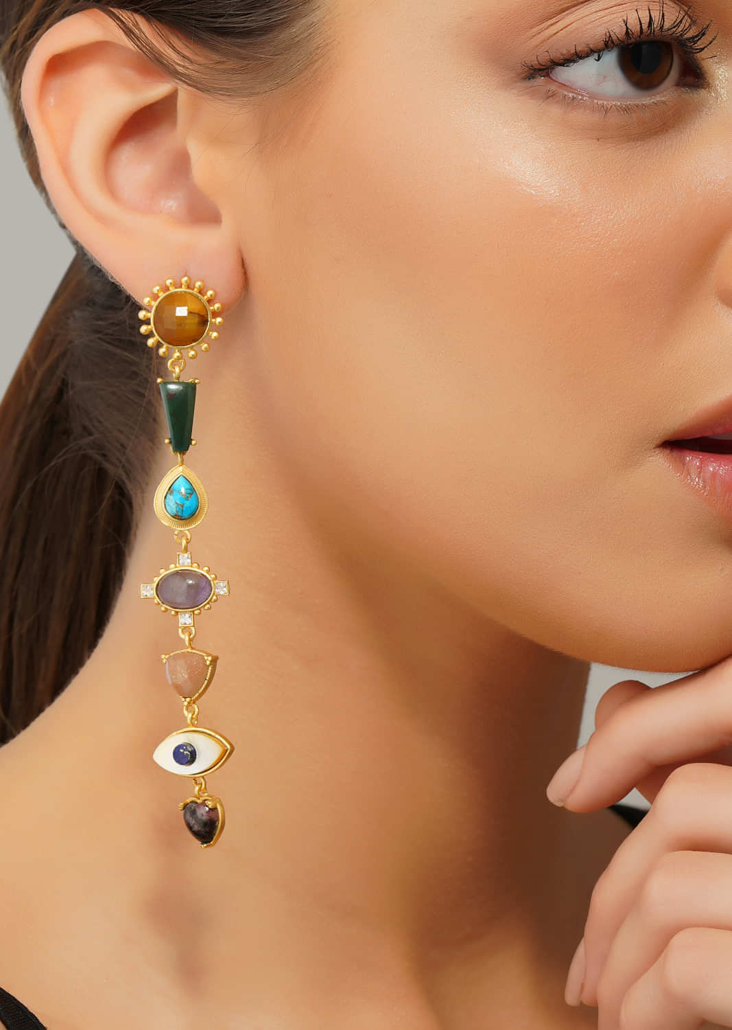 22Kt Gold Plated Multicolour Healing Stone Dangler Earrings