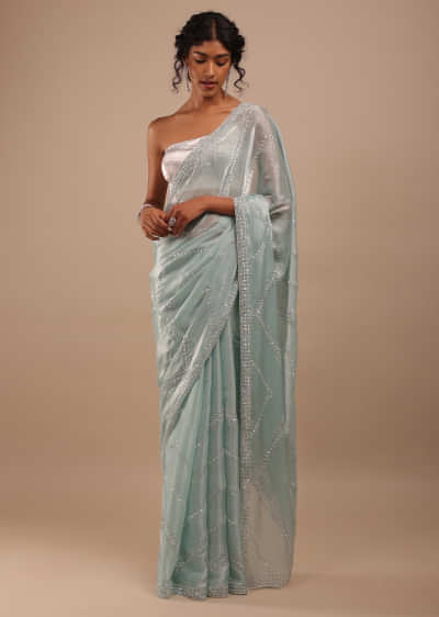 Blue Haze Tissue Saree In Sequins And Stones Embroidery Buttis, It Comes In Scalloped Border With Cut Dana Embroidery
