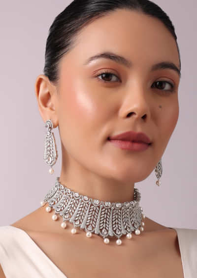 92.5 Sterling Silver Choker Set with Faux Diamonds And Pearl Drops