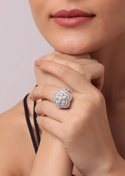 92.5 Sterling Silver Floral Ring with Faux Diamonds